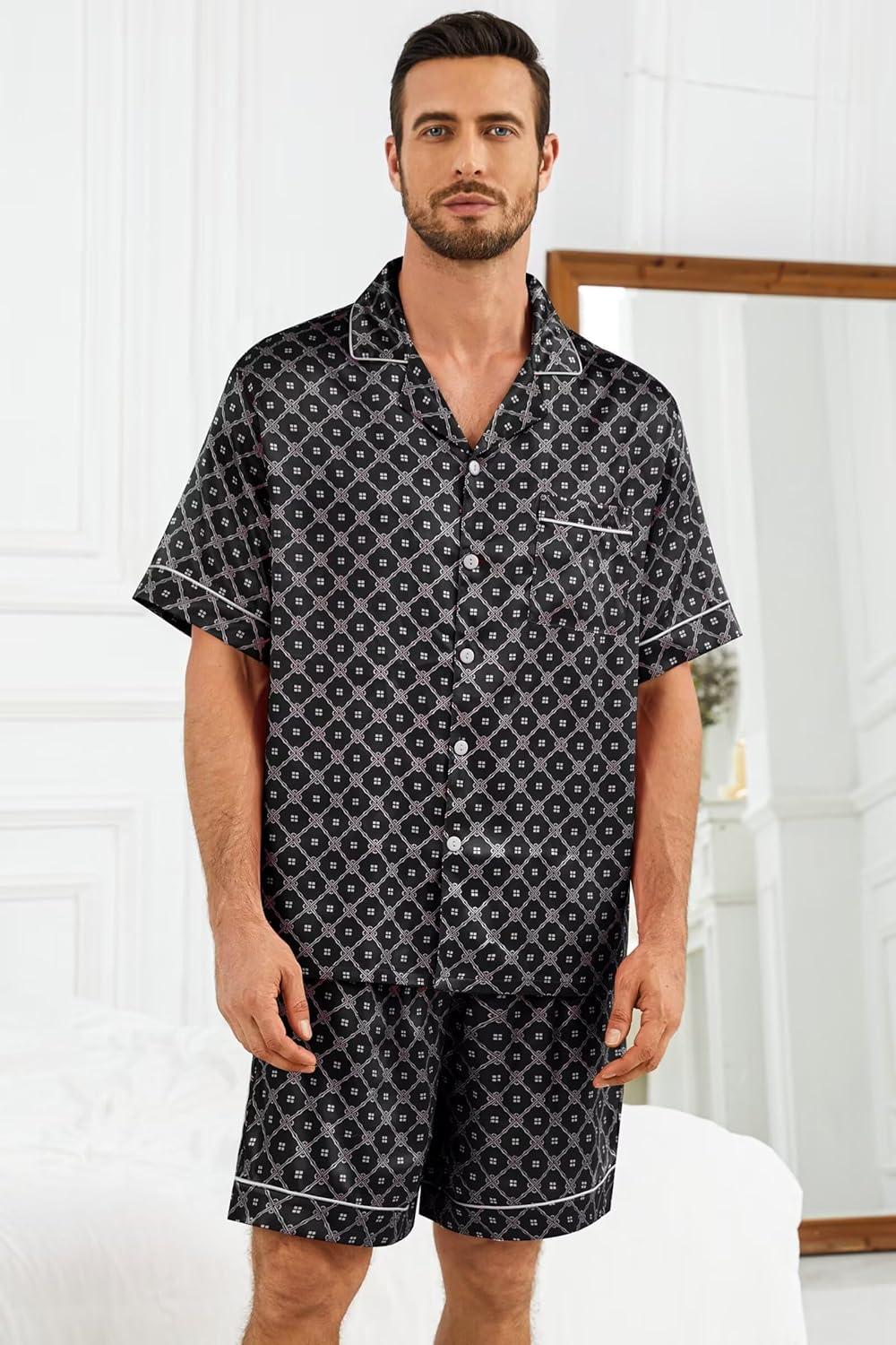 imageSWOMOG Silk Satin Pajamas Sets for Men Short Sleeve 2 Piece Button Down Sleepwear Mens Loungewear Sets with PocketsBlack Floral