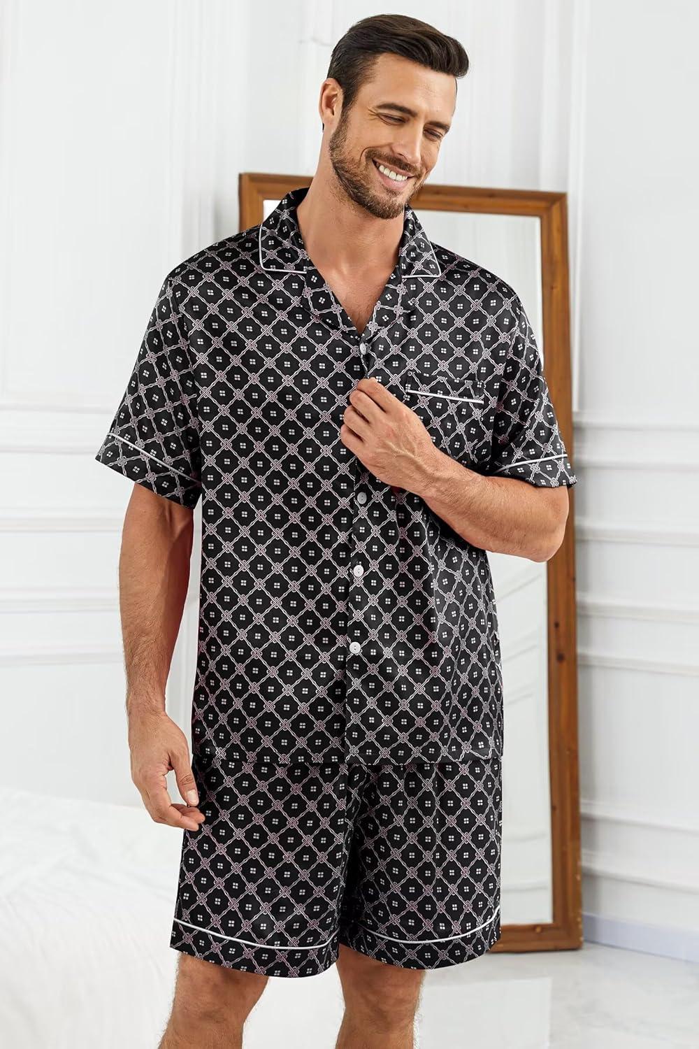 imageSWOMOG Silk Satin Pajamas Sets for Men Short Sleeve 2 Piece Button Down Sleepwear Mens Loungewear Sets with PocketsBlack Floral