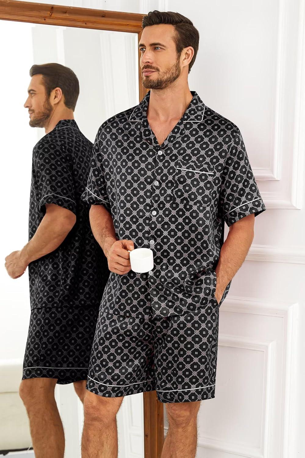 imageSWOMOG Silk Satin Pajamas Sets for Men Short Sleeve 2 Piece Button Down Sleepwear Mens Loungewear Sets with PocketsBlack Floral