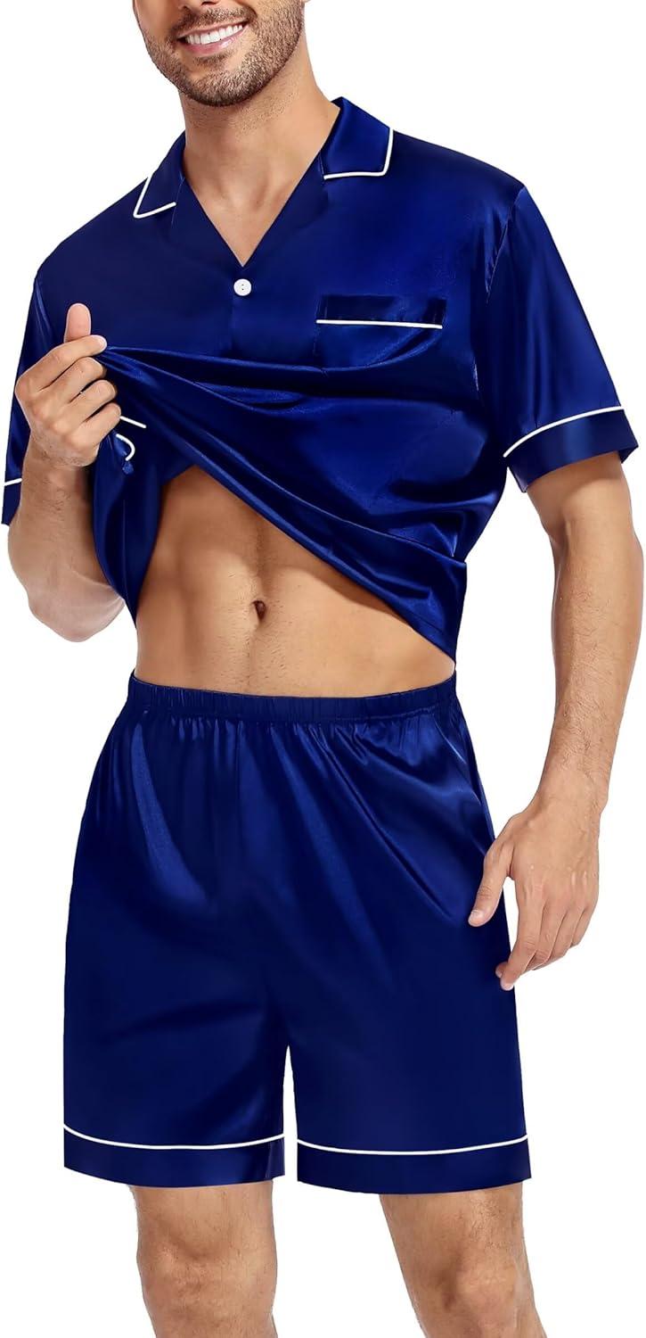 imageSWOMOG Silk Satin Pajamas Sets for Men Short Sleeve 2 Piece Button Down Sleepwear Mens Loungewear Sets with PocketsDeep Navy Blue