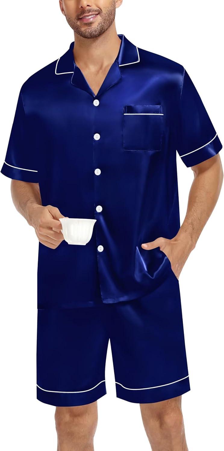 imageSWOMOG Silk Satin Pajamas Sets for Men Short Sleeve 2 Piece Button Down Sleepwear Mens Loungewear Sets with PocketsDeep Navy Blue