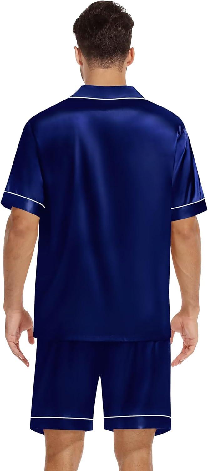 imageSWOMOG Silk Satin Pajamas Sets for Men Short Sleeve 2 Piece Button Down Sleepwear Mens Loungewear Sets with PocketsDeep Navy Blue