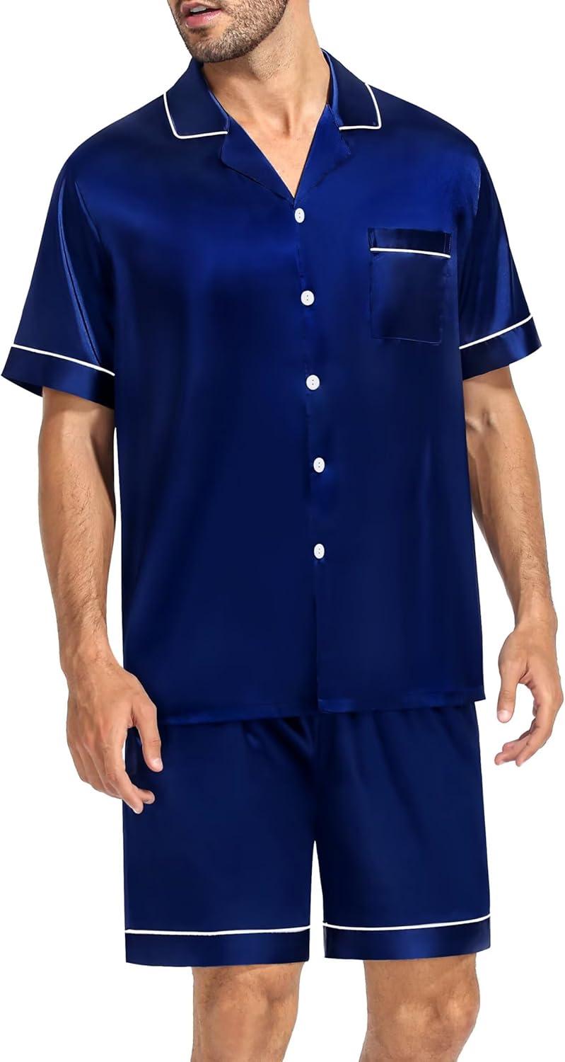 imageSWOMOG Silk Satin Pajamas Sets for Men Short Sleeve 2 Piece Button Down Sleepwear Mens Loungewear Sets with PocketsDeep Navy Blue