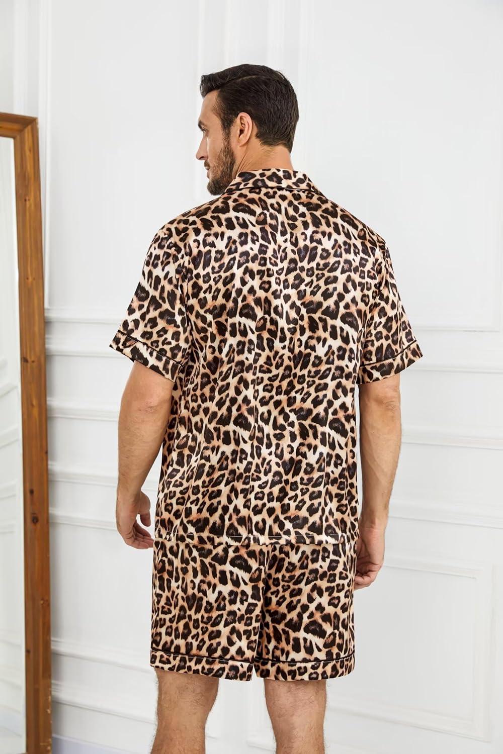 imageSWOMOG Silk Satin Pajamas Sets for Men Short Sleeve 2 Piece Button Down Sleepwear Mens Loungewear Sets with PocketsLeopard Print