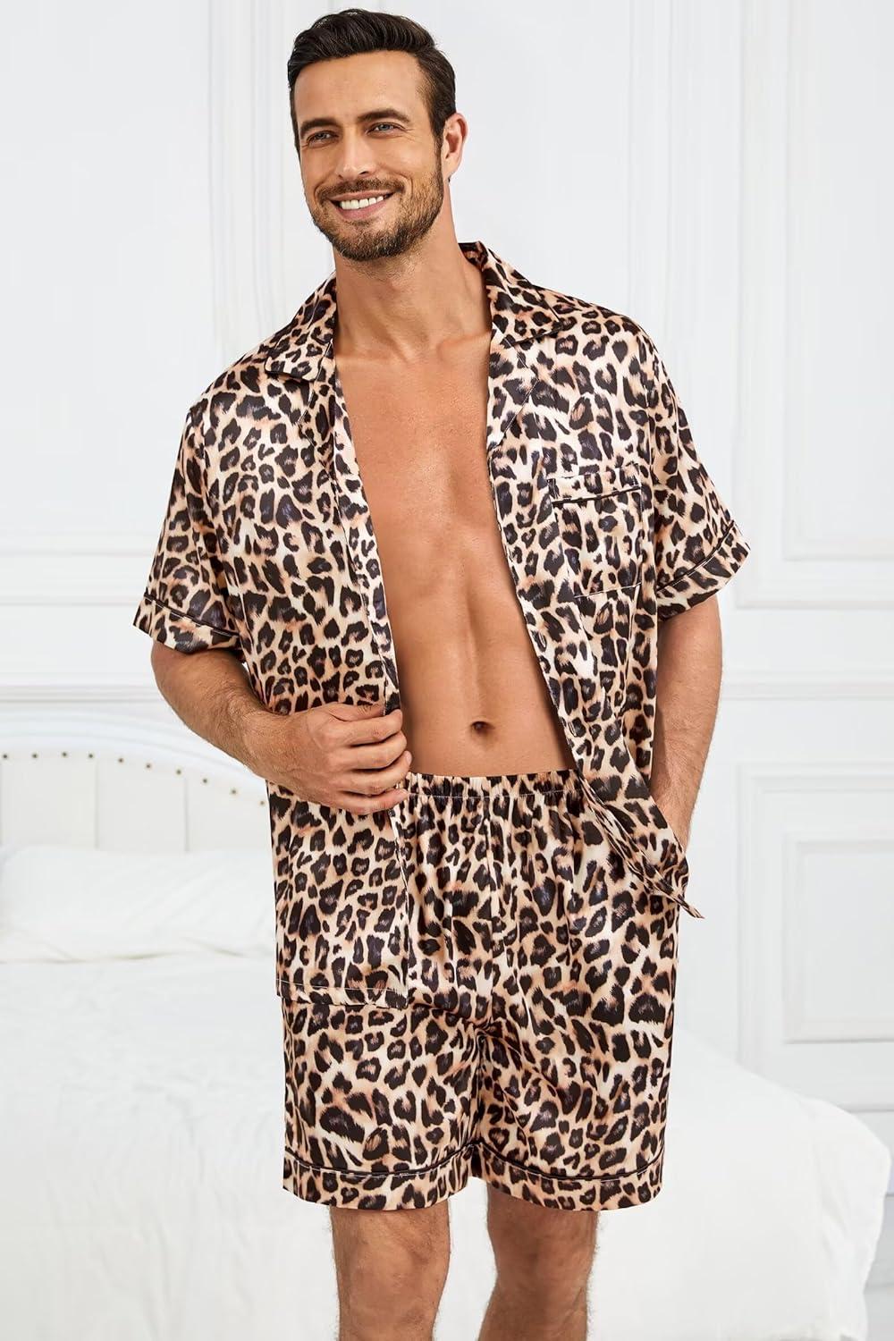 imageSWOMOG Silk Satin Pajamas Sets for Men Short Sleeve 2 Piece Button Down Sleepwear Mens Loungewear Sets with PocketsLeopard Print