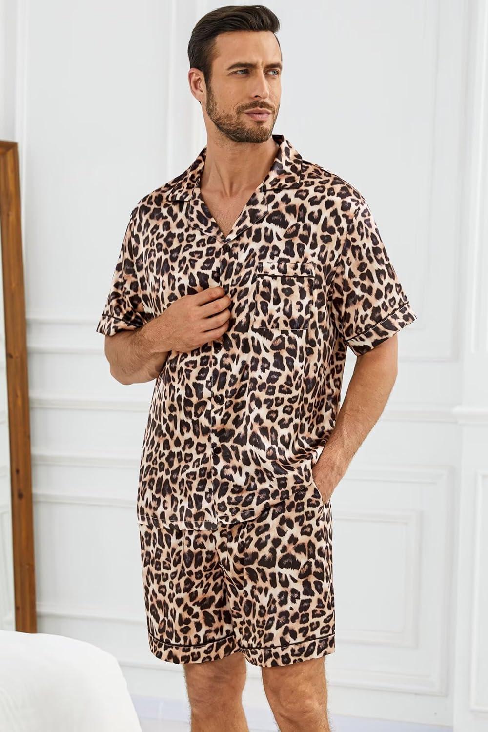 imageSWOMOG Silk Satin Pajamas Sets for Men Short Sleeve 2 Piece Button Down Sleepwear Mens Loungewear Sets with PocketsLeopard Print