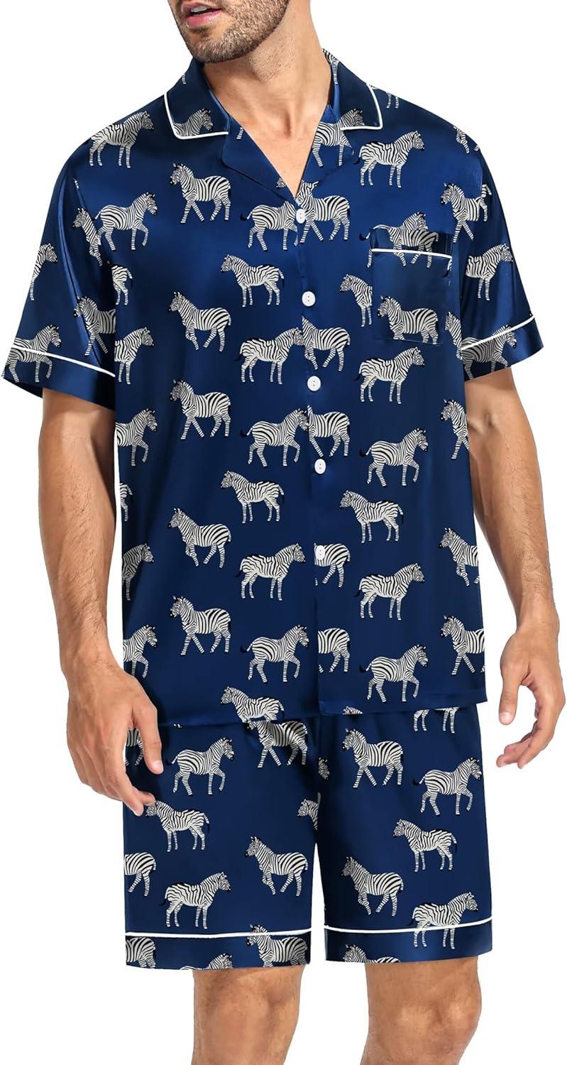 imageSWOMOG Silk Satin Pajamas Sets for Men Short Sleeve 2 Piece Button Down Sleepwear Mens Loungewear Sets with PocketsNavy Blue Zebra Print