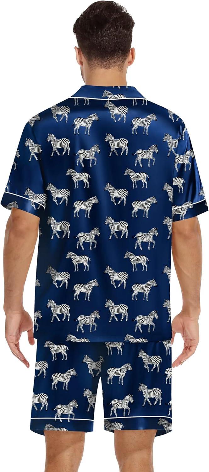 imageSWOMOG Silk Satin Pajamas Sets for Men Short Sleeve 2 Piece Button Down Sleepwear Mens Loungewear Sets with PocketsNavy Blue Zebra Print