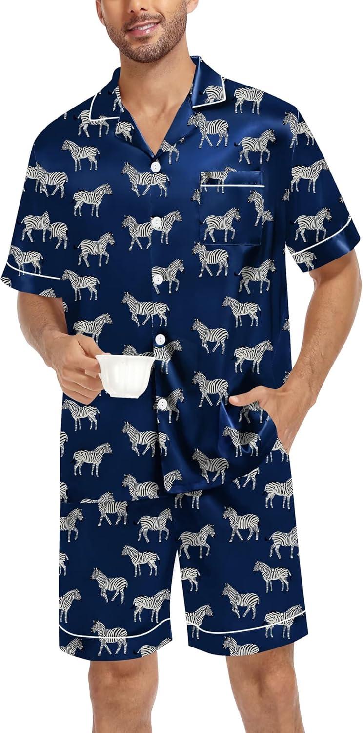 imageSWOMOG Silk Satin Pajamas Sets for Men Short Sleeve 2 Piece Button Down Sleepwear Mens Loungewear Sets with PocketsNavy Blue Zebra Print