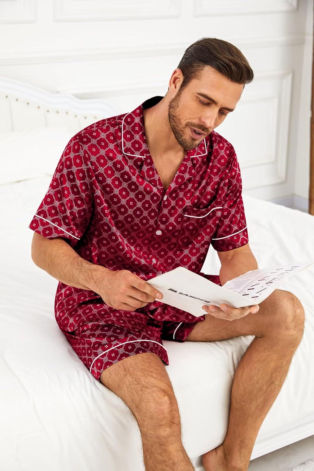 imageSWOMOG Silk Satin Pajamas Sets for Men Short Sleeve 2 Piece Button Down Sleepwear Mens Loungewear Sets with PocketsRed Floral