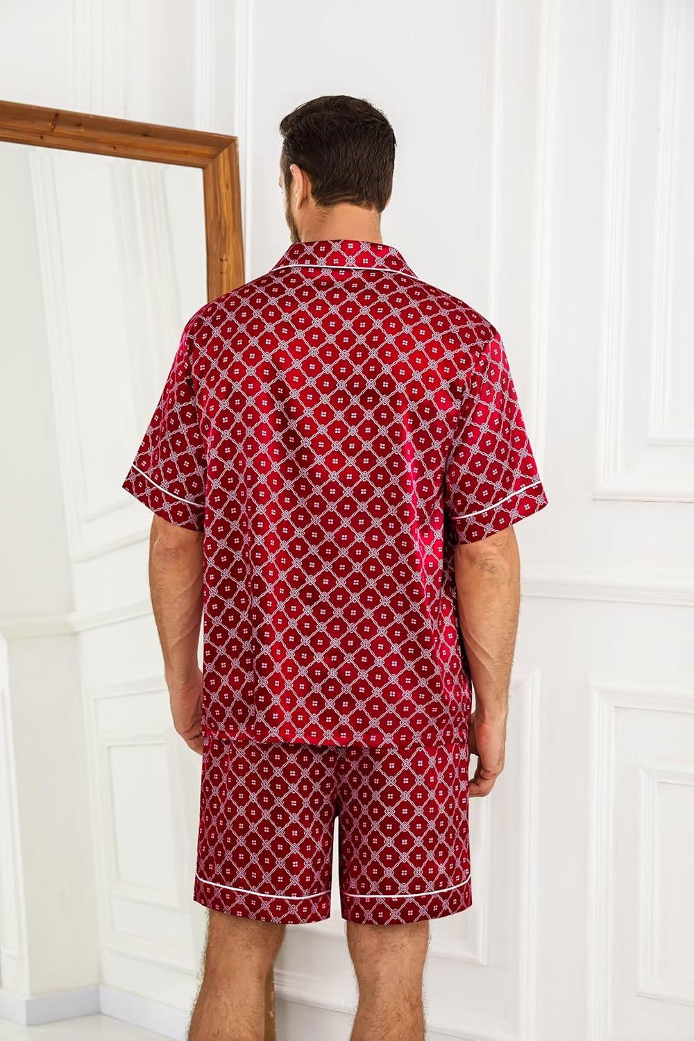 imageSWOMOG Silk Satin Pajamas Sets for Men Short Sleeve 2 Piece Button Down Sleepwear Mens Loungewear Sets with PocketsRed Floral