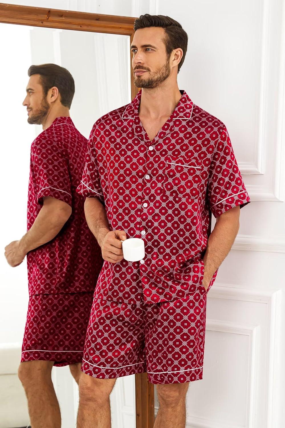imageSWOMOG Silk Satin Pajamas Sets for Men Short Sleeve 2 Piece Button Down Sleepwear Mens Loungewear Sets with PocketsRed Floral