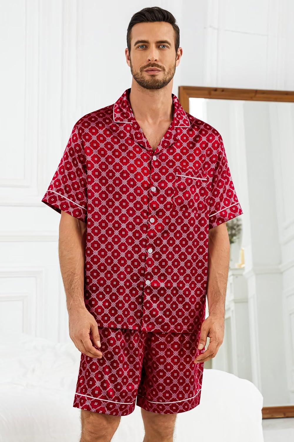 imageSWOMOG Silk Satin Pajamas Sets for Men Short Sleeve 2 Piece Button Down Sleepwear Mens Loungewear Sets with PocketsRed Floral