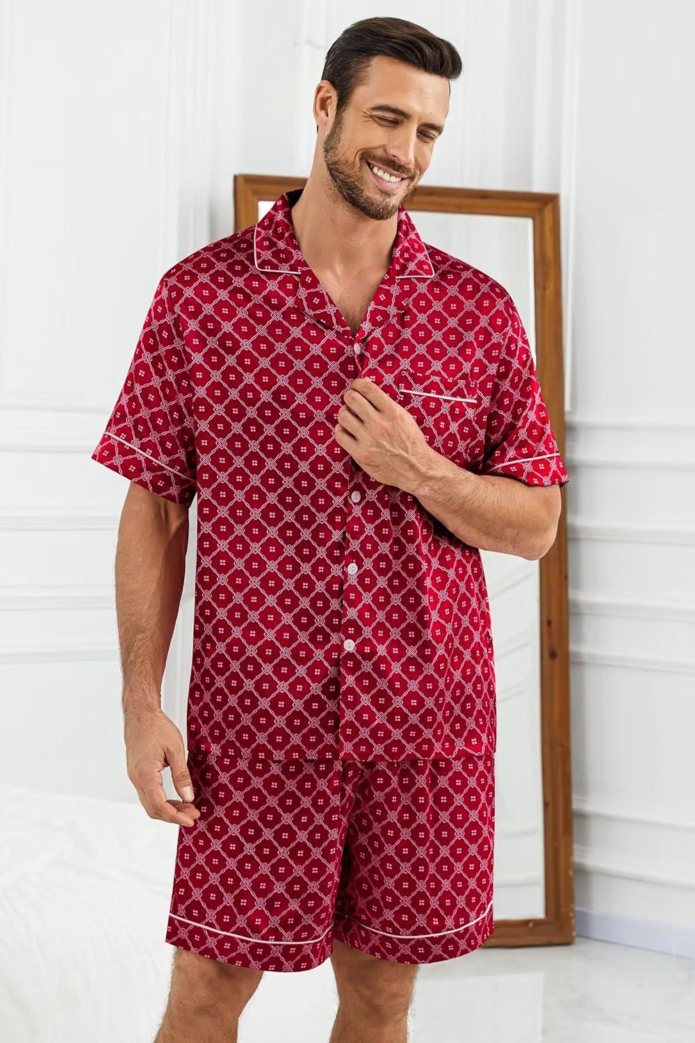 imageSWOMOG Silk Satin Pajamas Sets for Men Short Sleeve 2 Piece Button Down Sleepwear Mens Loungewear Sets with PocketsRed Floral