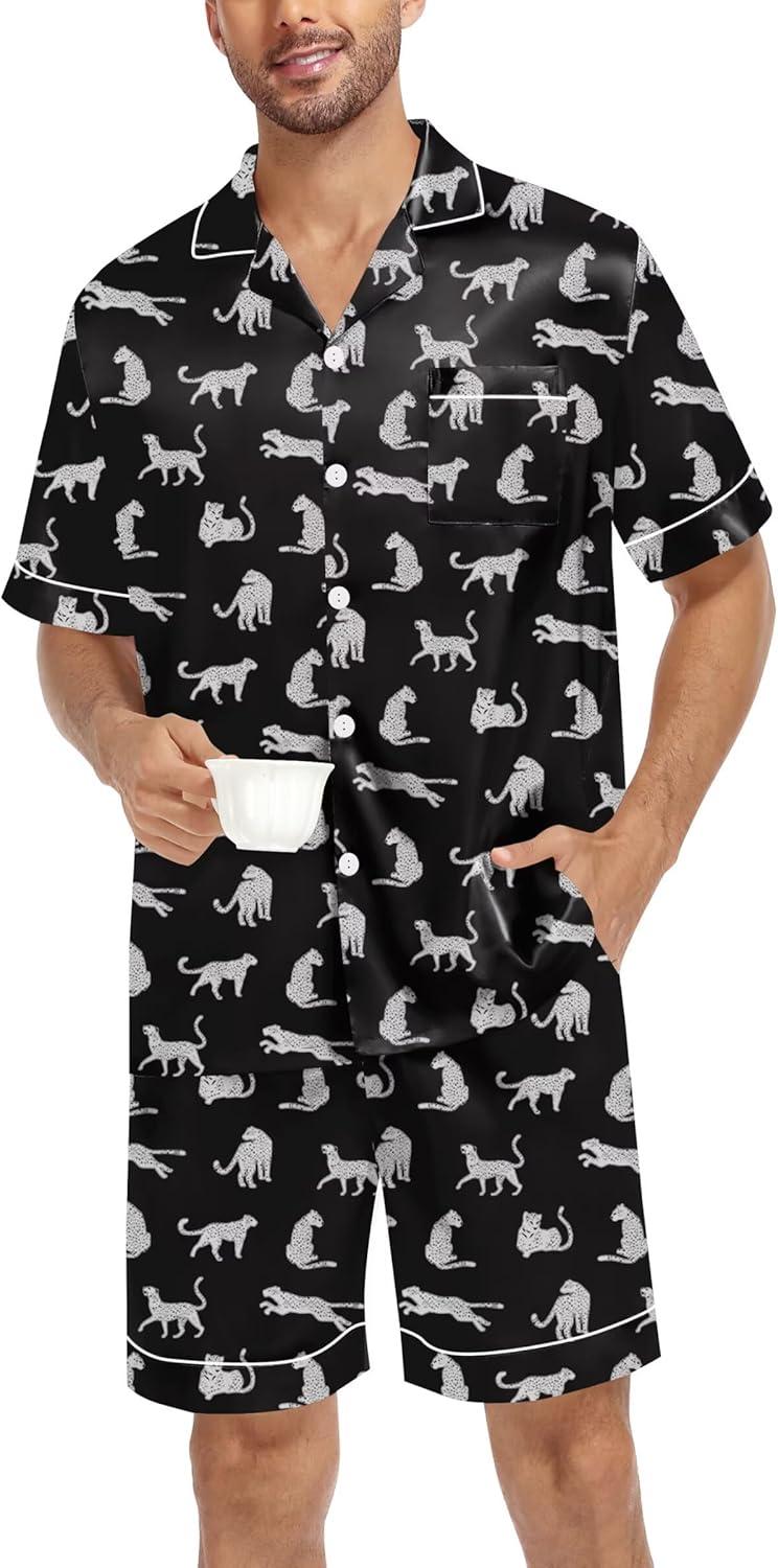 imageSWOMOG Silk Satin Pajamas Sets for Men Short Sleeve 2 Piece Button Down Sleepwear Mens Loungewear Sets with PocketsWhite Leopard