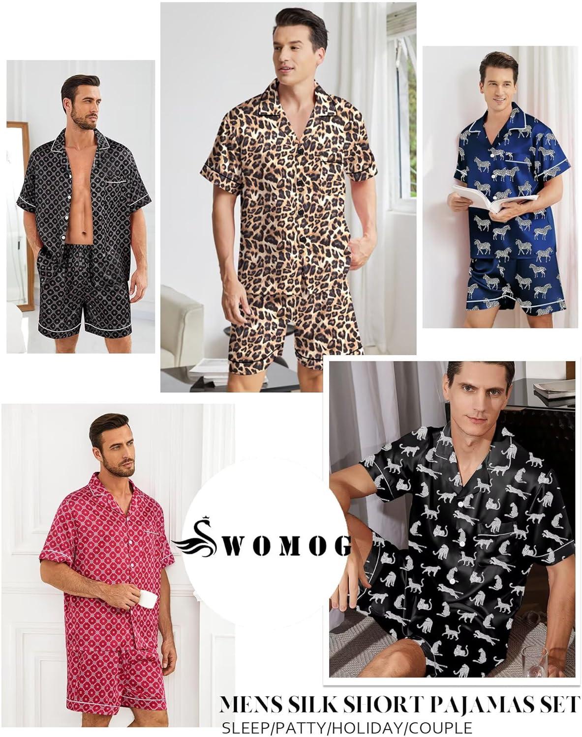 imageSWOMOG Silk Satin Pajamas Sets for Men Short Sleeve 2 Piece Button Down Sleepwear Mens Loungewear Sets with PocketsWhite Leopard