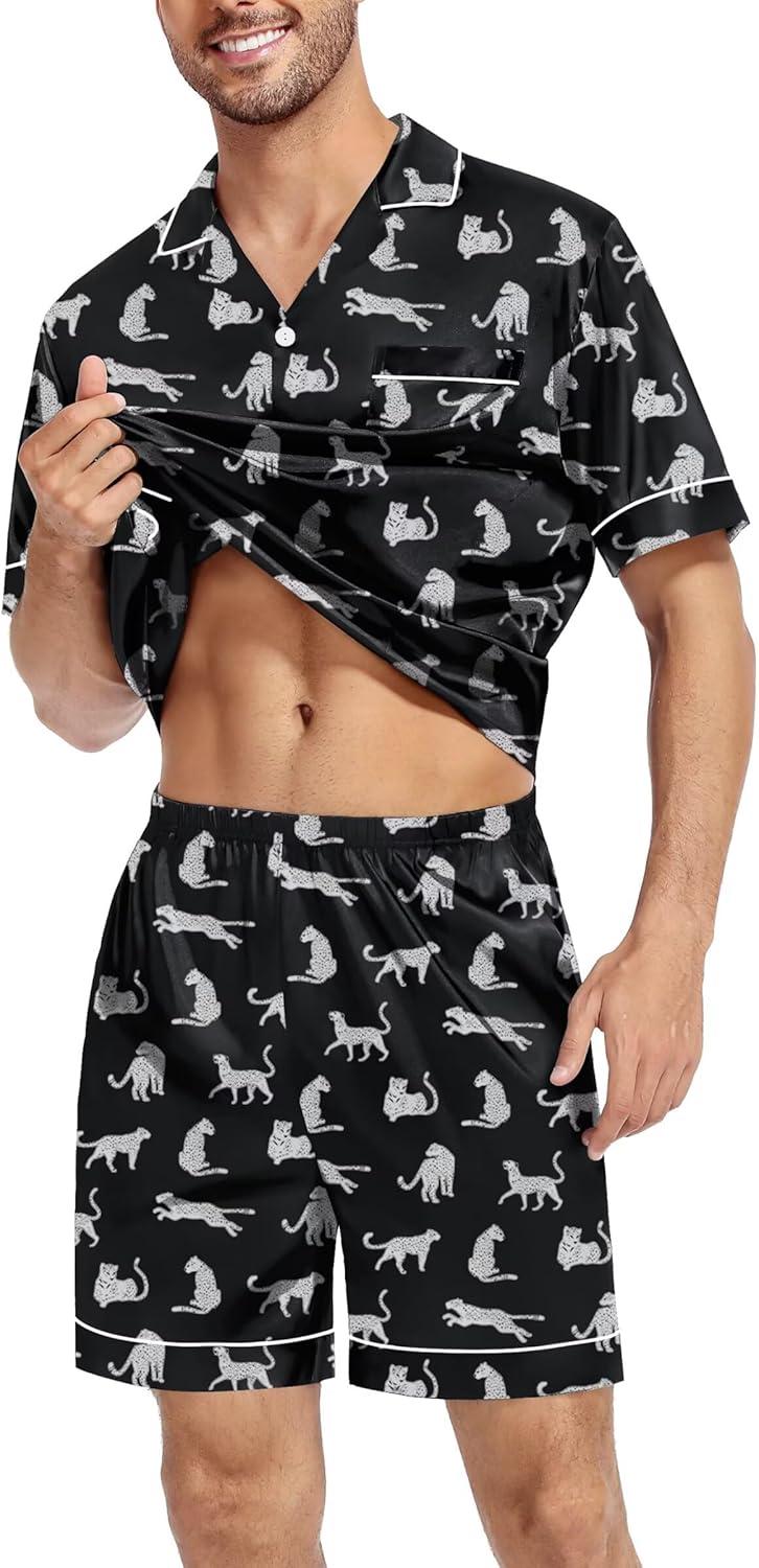 imageSWOMOG Silk Satin Pajamas Sets for Men Short Sleeve 2 Piece Button Down Sleepwear Mens Loungewear Sets with PocketsWhite Leopard