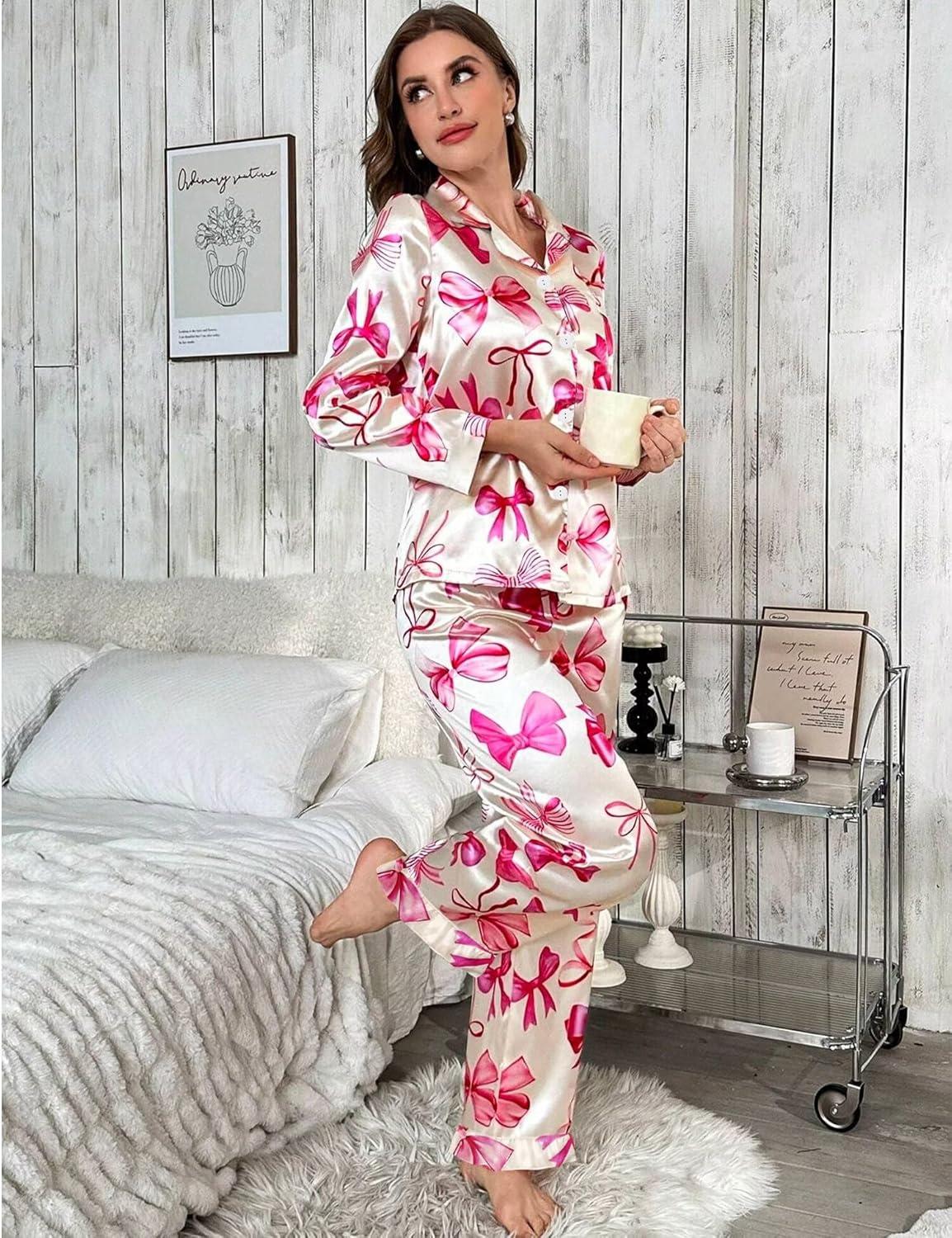 imageSWOMOG Womens Long Sleeve Pajamas Set 2 Piece Silk Button Down Pjs with Pants Floral Printed Classic Soft LoungewearApricot Pink Bow