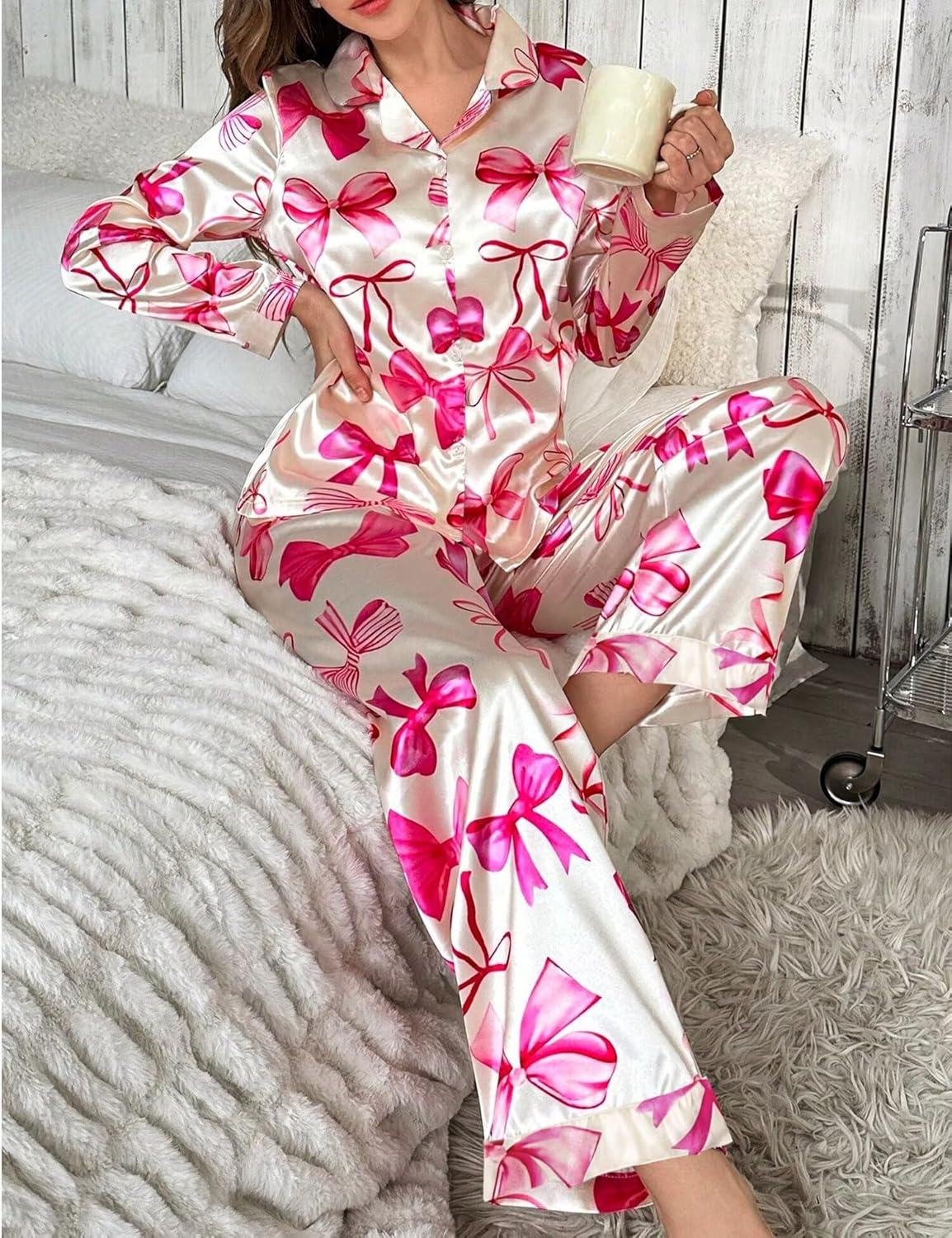 imageSWOMOG Womens Long Sleeve Pajamas Set 2 Piece Silk Button Down Pjs with Pants Floral Printed Classic Soft LoungewearApricot Pink Bow