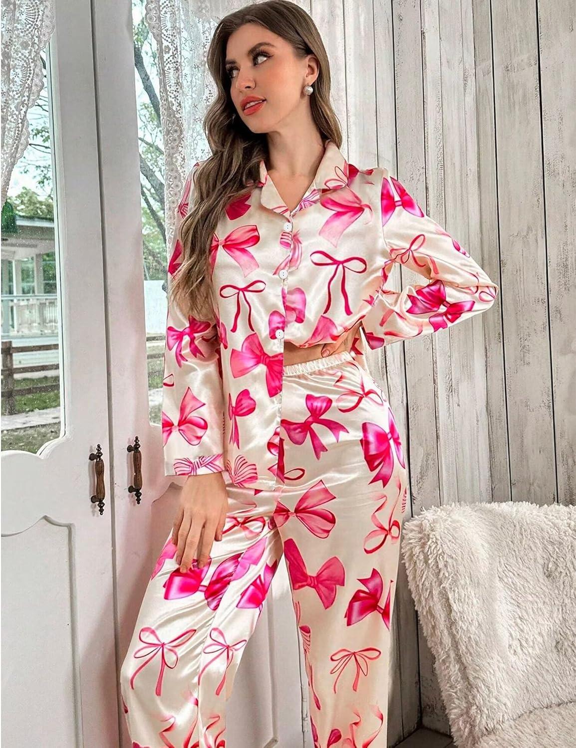 imageSWOMOG Womens Long Sleeve Pajamas Set 2 Piece Silk Button Down Pjs with Pants Floral Printed Classic Soft LoungewearApricot Pink Bow