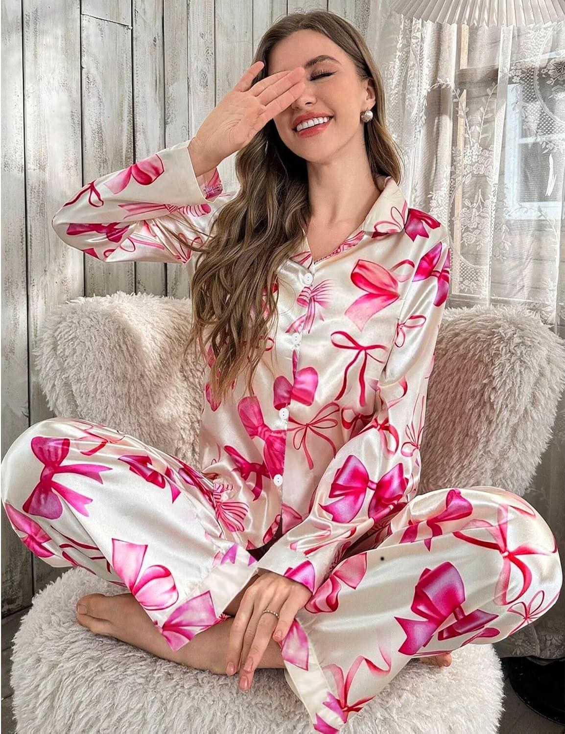 imageSWOMOG Womens Long Sleeve Pajamas Set 2 Piece Silk Button Down Pjs with Pants Floral Printed Classic Soft LoungewearApricot Pink Bow