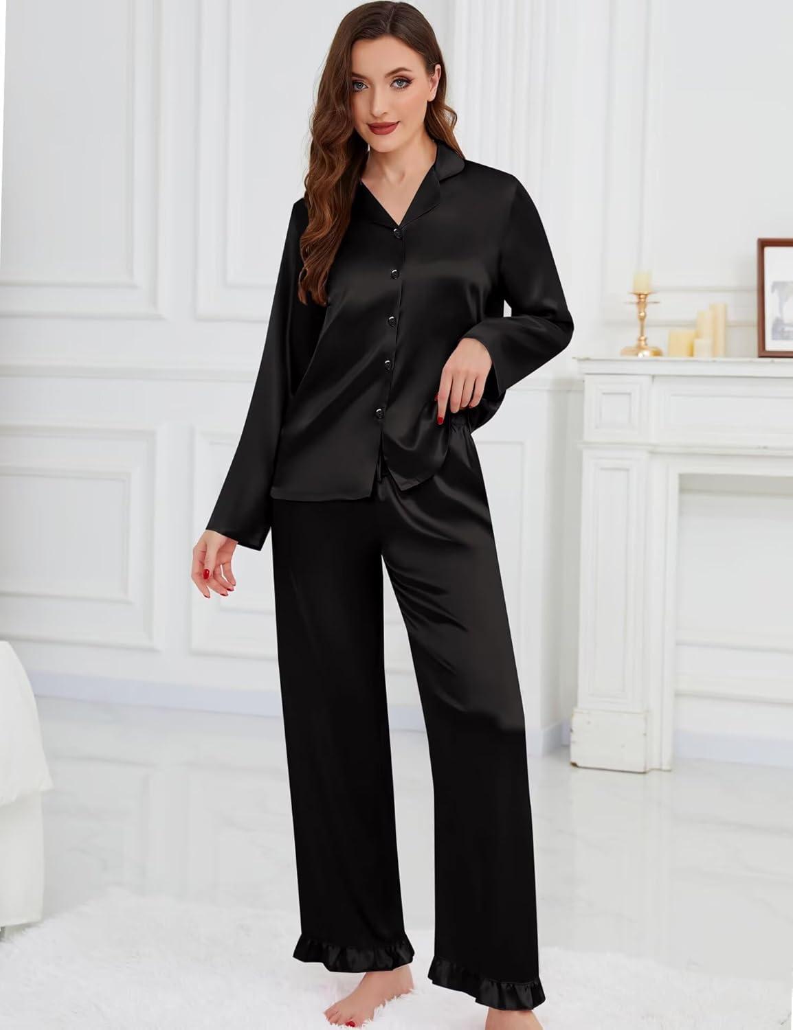 imageSWOMOG Womens Long Sleeve Pajamas Set 2 Piece Silk Button Down Pjs with Pants Floral Printed Classic Soft LoungewearBlack