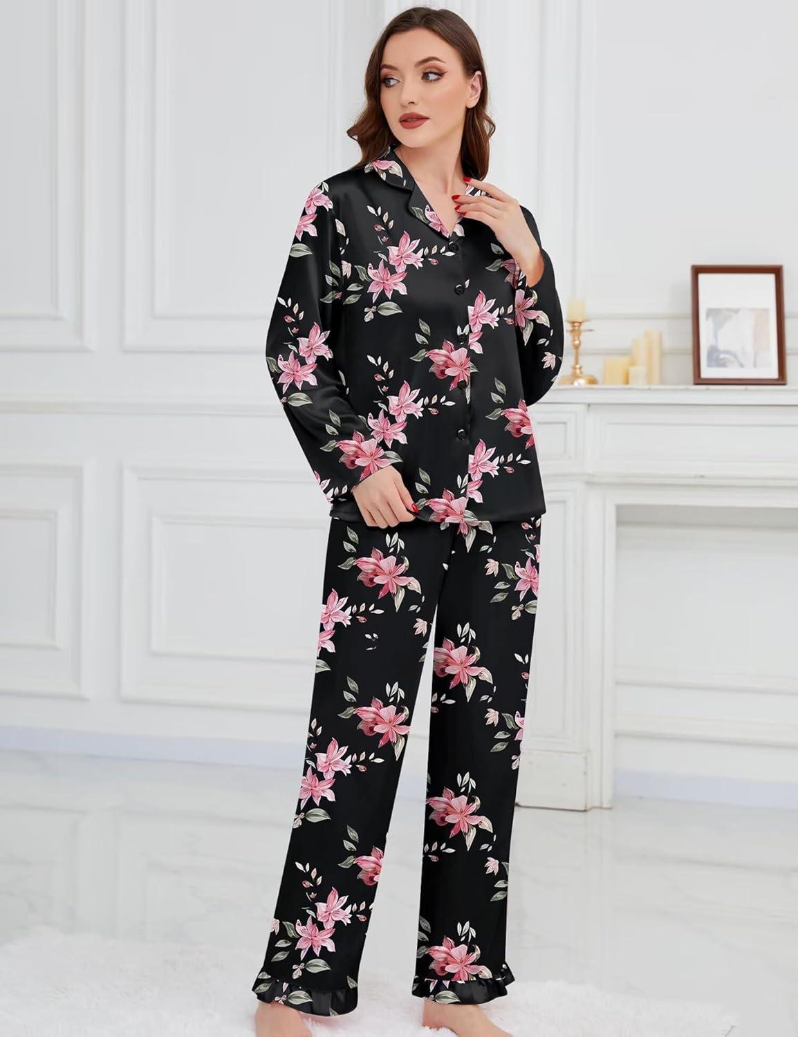 imageSWOMOG Womens Long Sleeve Pajamas Set 2 Piece Silk Button Down Pjs with Pants Floral Printed Classic Soft LoungewearBlack Large Flower