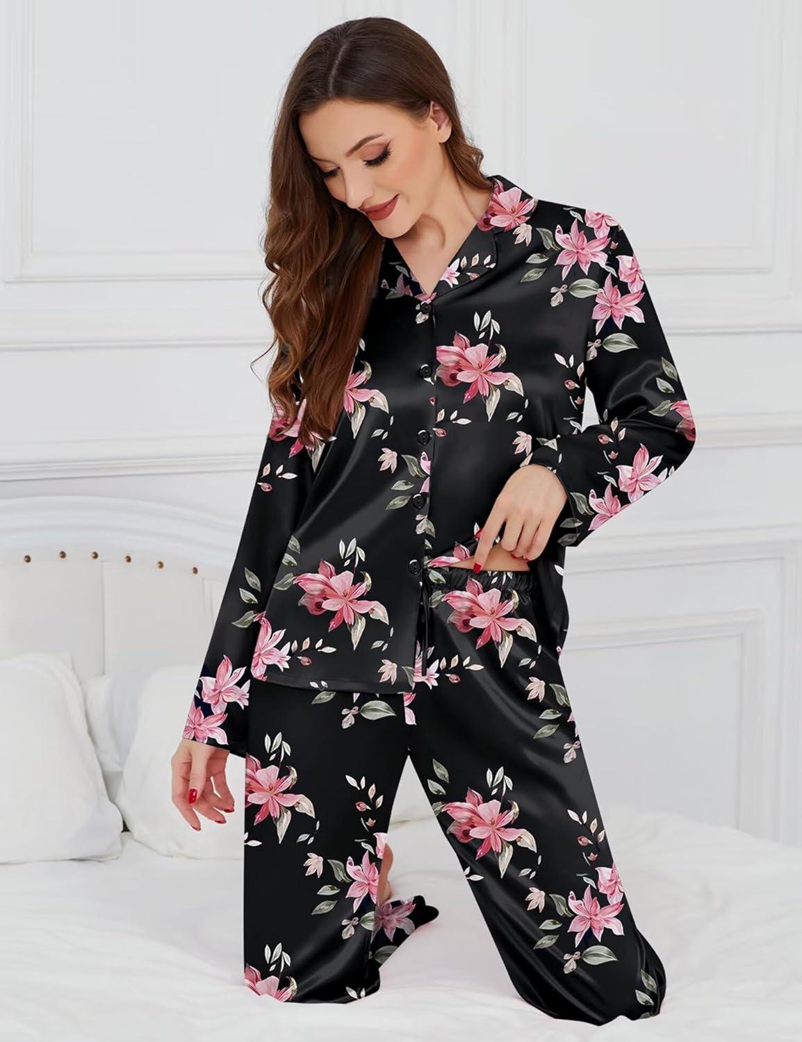 imageSWOMOG Womens Long Sleeve Pajamas Set 2 Piece Silk Button Down Pjs with Pants Floral Printed Classic Soft LoungewearBlack Large Flower