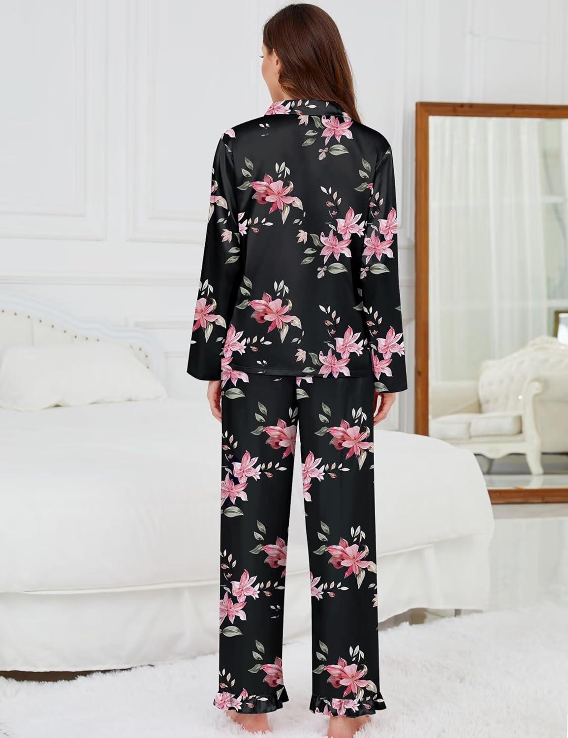 imageSWOMOG Womens Long Sleeve Pajamas Set 2 Piece Silk Button Down Pjs with Pants Floral Printed Classic Soft LoungewearBlack Large Flower