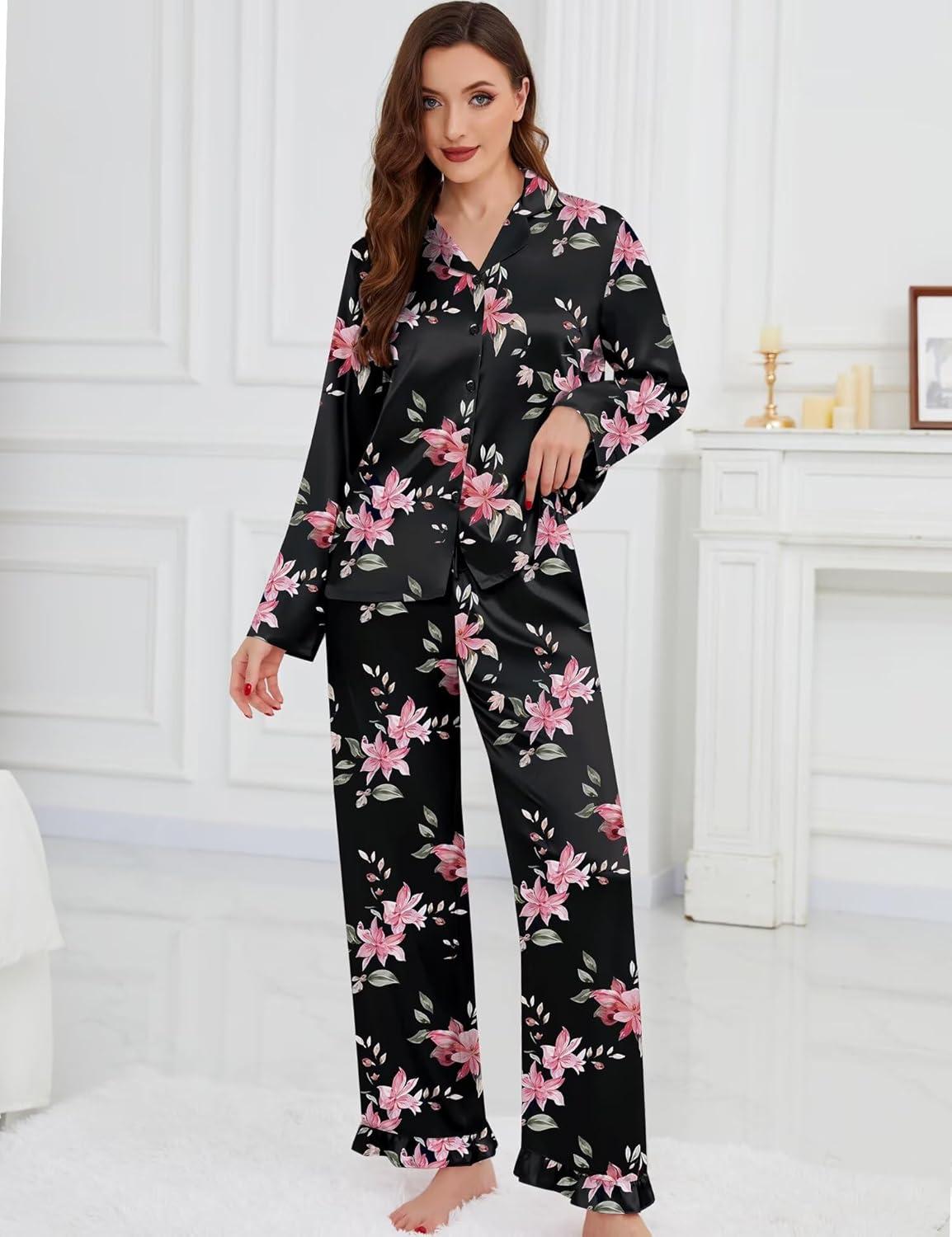 imageSWOMOG Womens Long Sleeve Pajamas Set 2 Piece Silk Button Down Pjs with Pants Floral Printed Classic Soft LoungewearBlack Large Flower