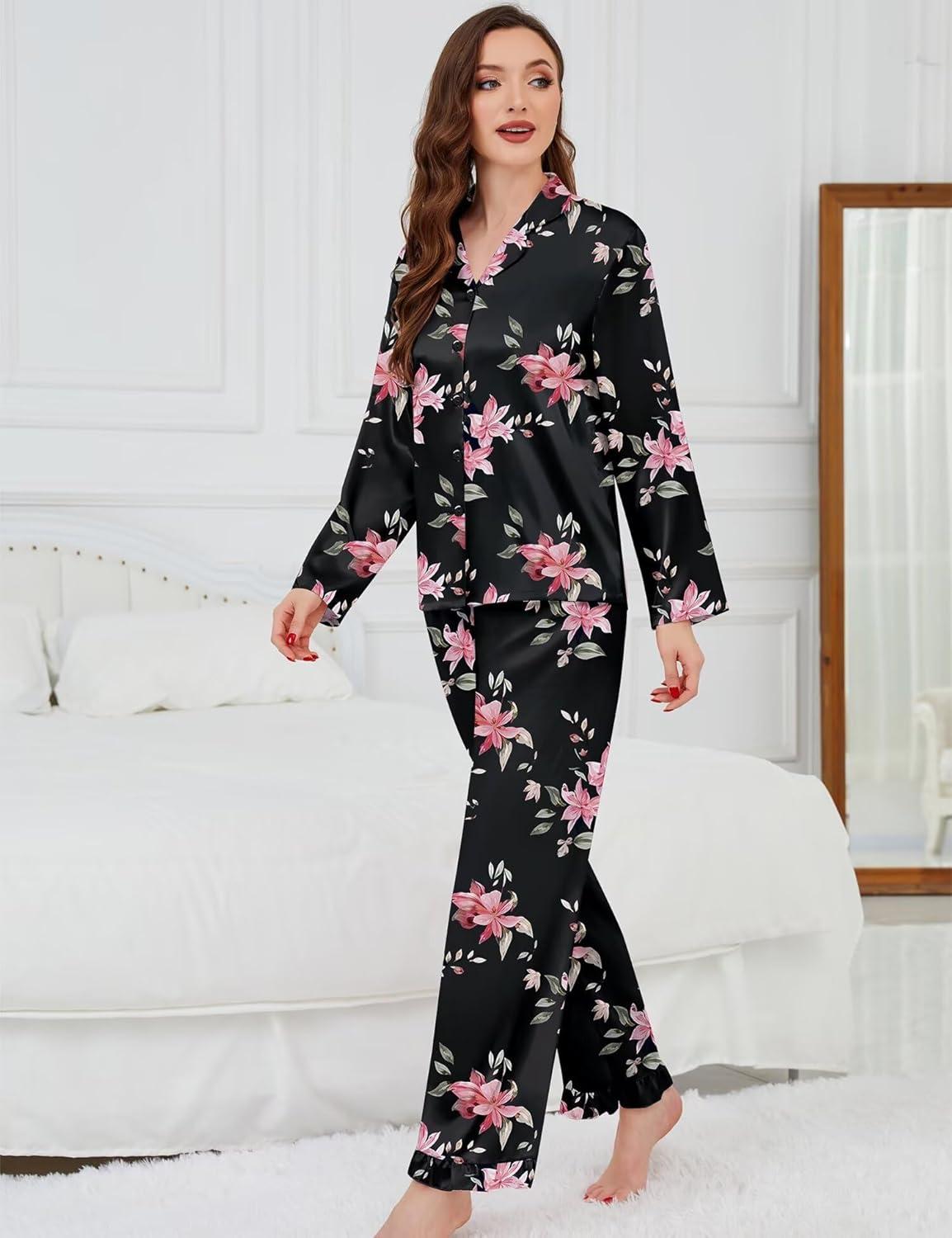 imageSWOMOG Womens Long Sleeve Pajamas Set 2 Piece Silk Button Down Pjs with Pants Floral Printed Classic Soft LoungewearBlack Large Flower