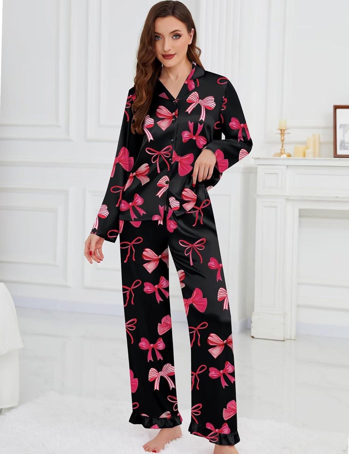 imageSWOMOG Womens Long Sleeve Pajamas Set 2 Piece Silk Button Down Pjs with Pants Floral Printed Classic Soft LoungewearBlack Pink Bow