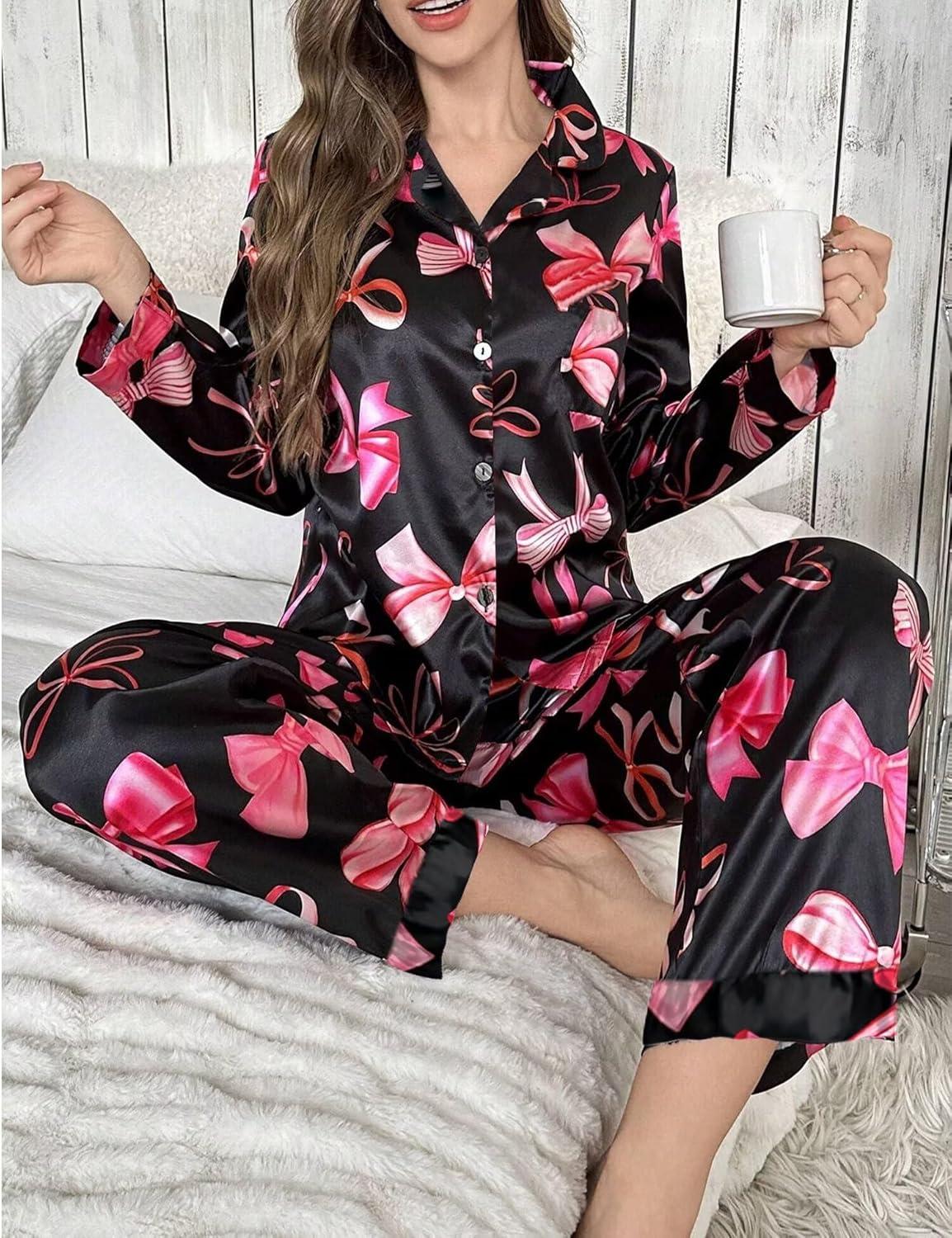 imageSWOMOG Womens Long Sleeve Pajamas Set 2 Piece Silk Button Down Pjs with Pants Floral Printed Classic Soft LoungewearBlack Pink Bow