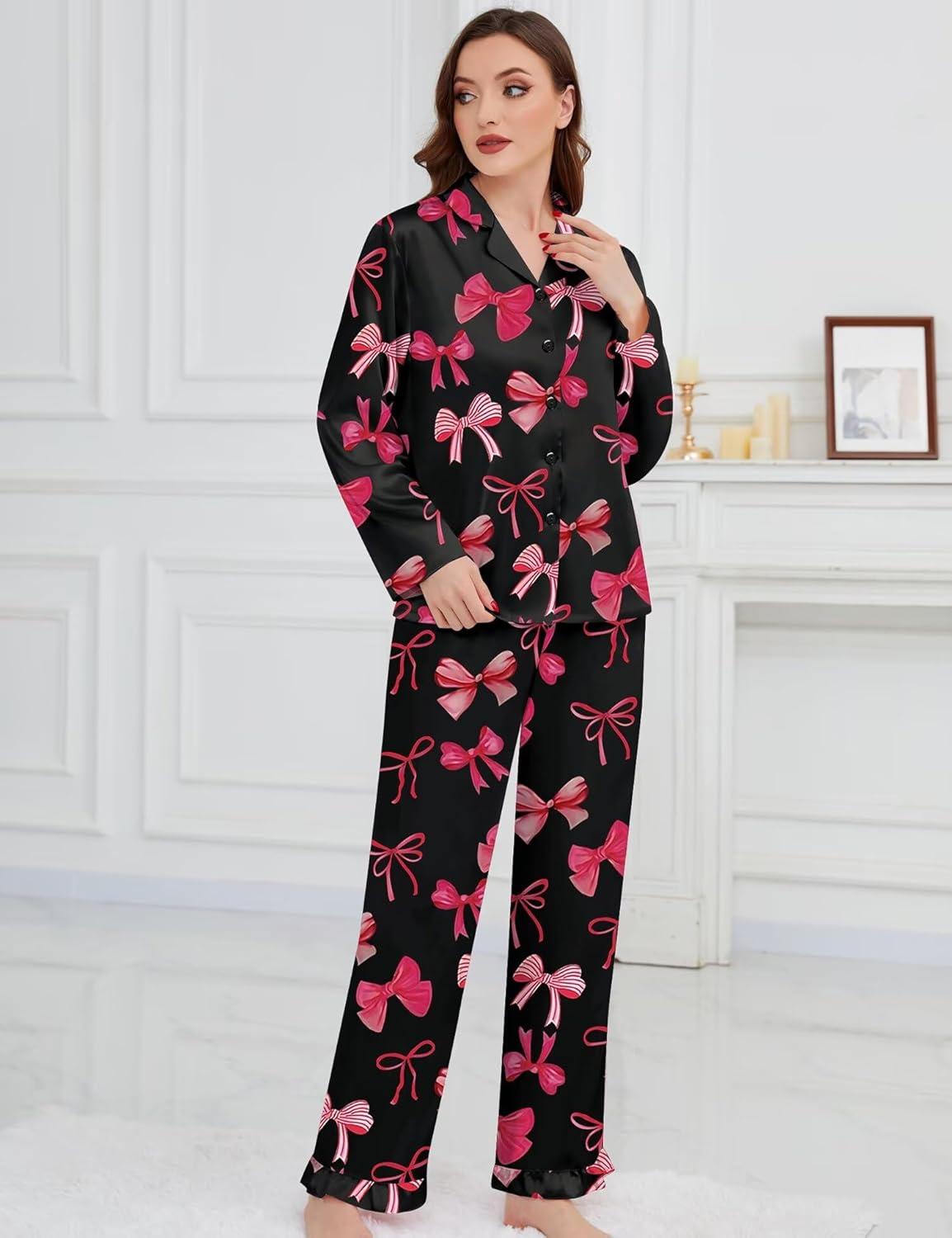 imageSWOMOG Womens Long Sleeve Pajamas Set 2 Piece Silk Button Down Pjs with Pants Floral Printed Classic Soft LoungewearBlack Pink Bow