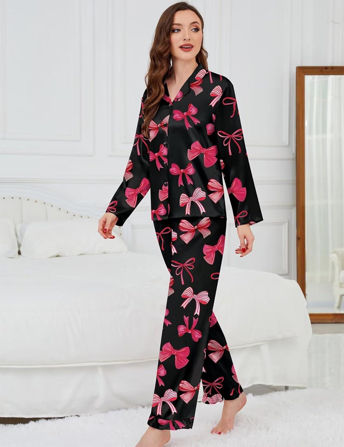 imageSWOMOG Womens Long Sleeve Pajamas Set 2 Piece Silk Button Down Pjs with Pants Floral Printed Classic Soft LoungewearBlack Pink Bow