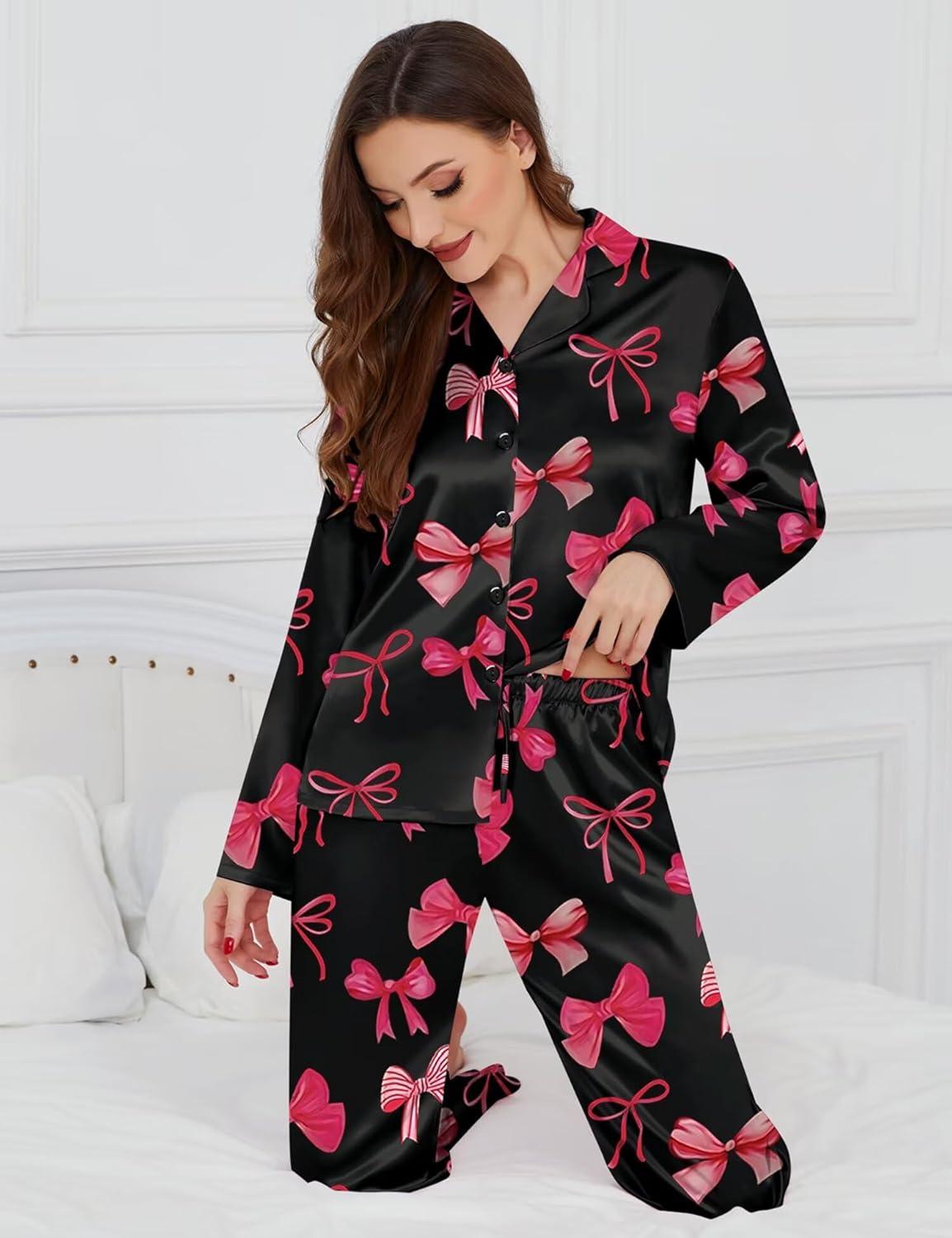 imageSWOMOG Womens Long Sleeve Pajamas Set 2 Piece Silk Button Down Pjs with Pants Floral Printed Classic Soft LoungewearBlack Pink Bow