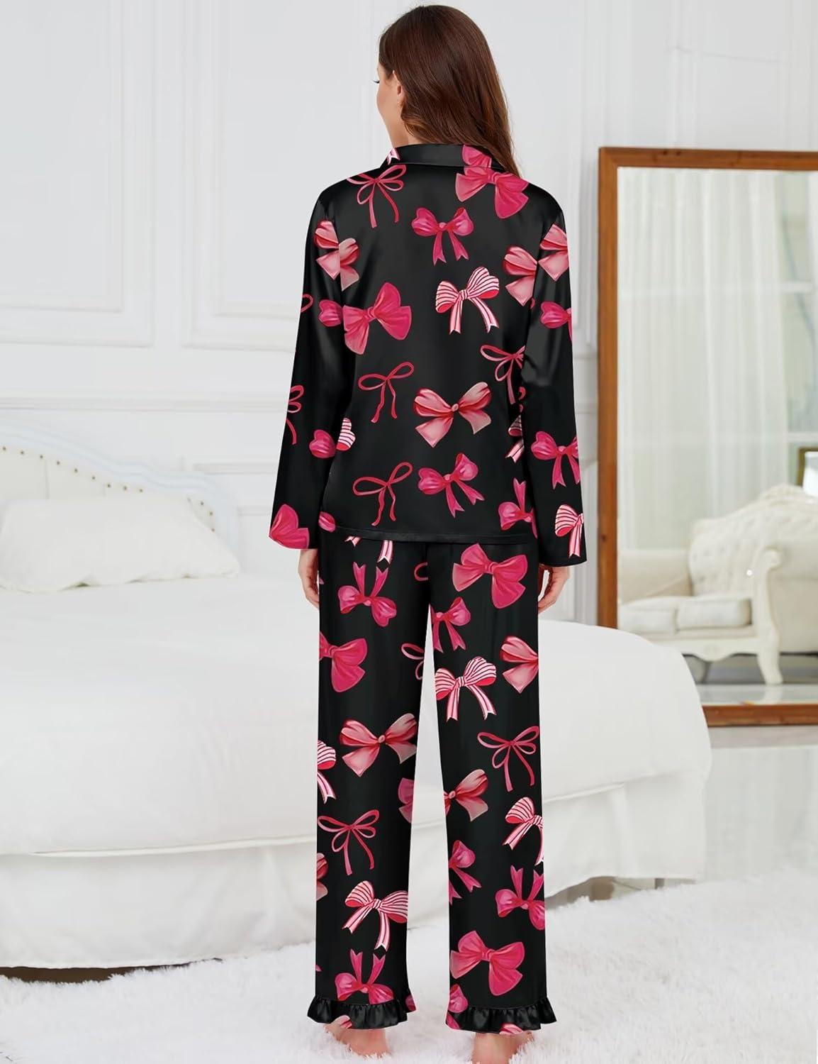 imageSWOMOG Womens Long Sleeve Pajamas Set 2 Piece Silk Button Down Pjs with Pants Floral Printed Classic Soft LoungewearBlack Pink Bow