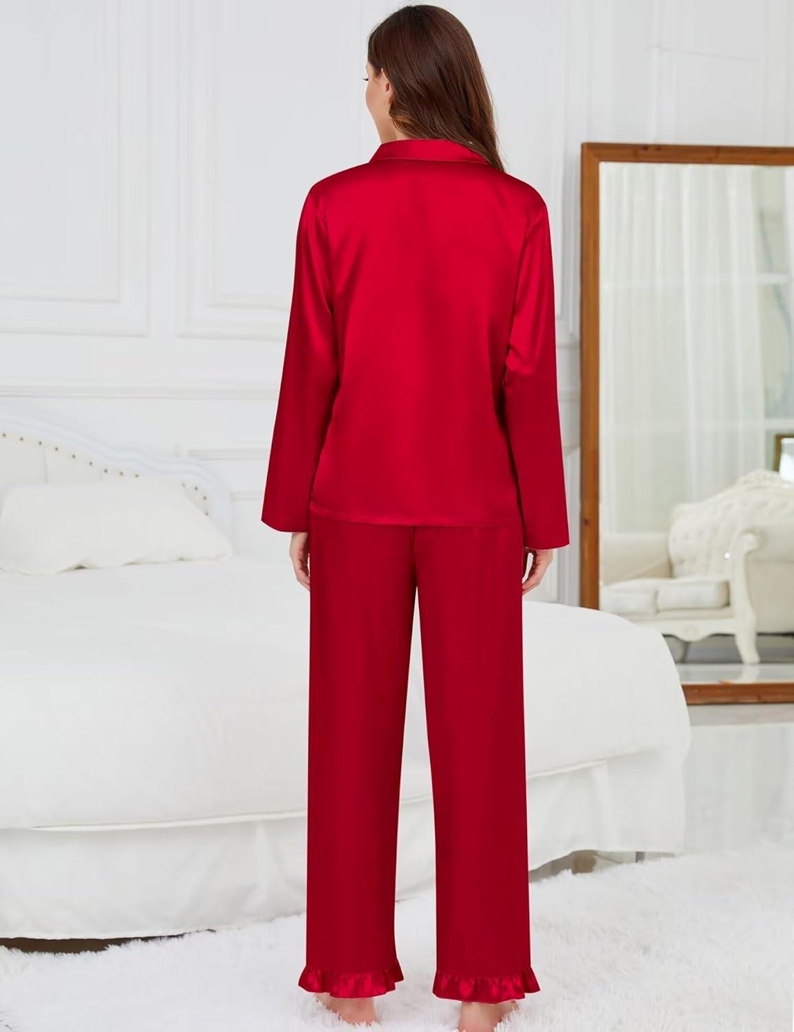 imageSWOMOG Womens Long Sleeve Pajamas Set 2 Piece Silk Button Down Pjs with Pants Floral Printed Classic Soft LoungewearRed