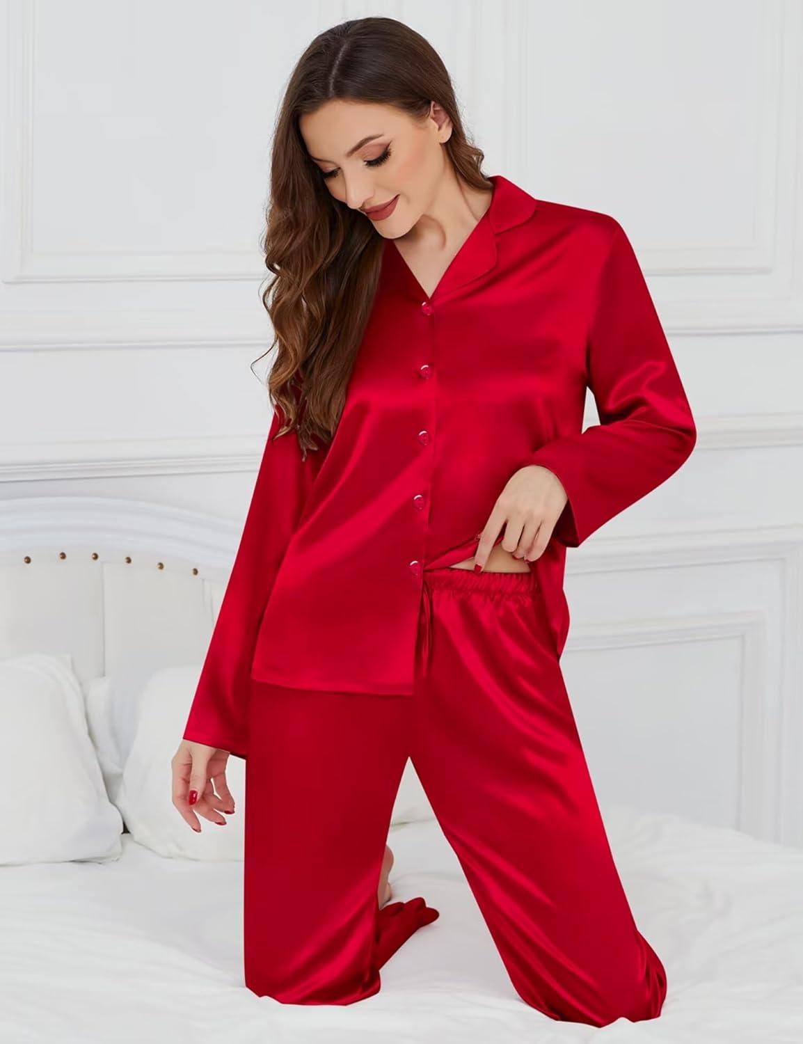 imageSWOMOG Womens Long Sleeve Pajamas Set 2 Piece Silk Button Down Pjs with Pants Floral Printed Classic Soft LoungewearRed
