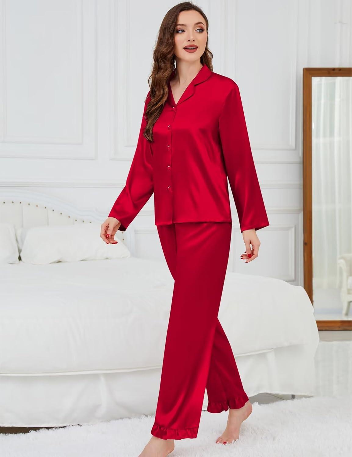 imageSWOMOG Womens Long Sleeve Pajamas Set 2 Piece Silk Button Down Pjs with Pants Floral Printed Classic Soft LoungewearRed