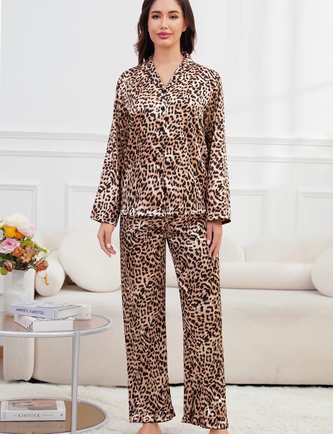 imageSWOMOG Womens Long Sleeve Pajamas Set 2 Piece Silk Button Down Pjs with Pants Floral Printed Classic Soft LoungewearWavy Leopard