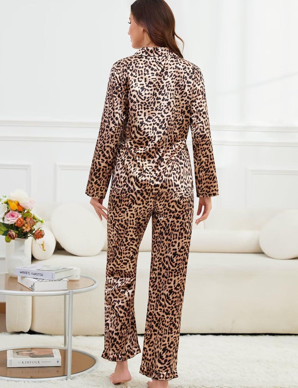 imageSWOMOG Womens Long Sleeve Pajamas Set 2 Piece Silk Button Down Pjs with Pants Floral Printed Classic Soft LoungewearWavy Leopard