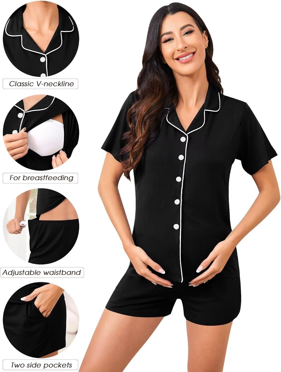 imageSWOMOG Womens Maternity Nursing Pajama Sets Breastfeeding Sleepwear Postpartum Lounge Sets Double Layer Short Sleeve PjsBlack