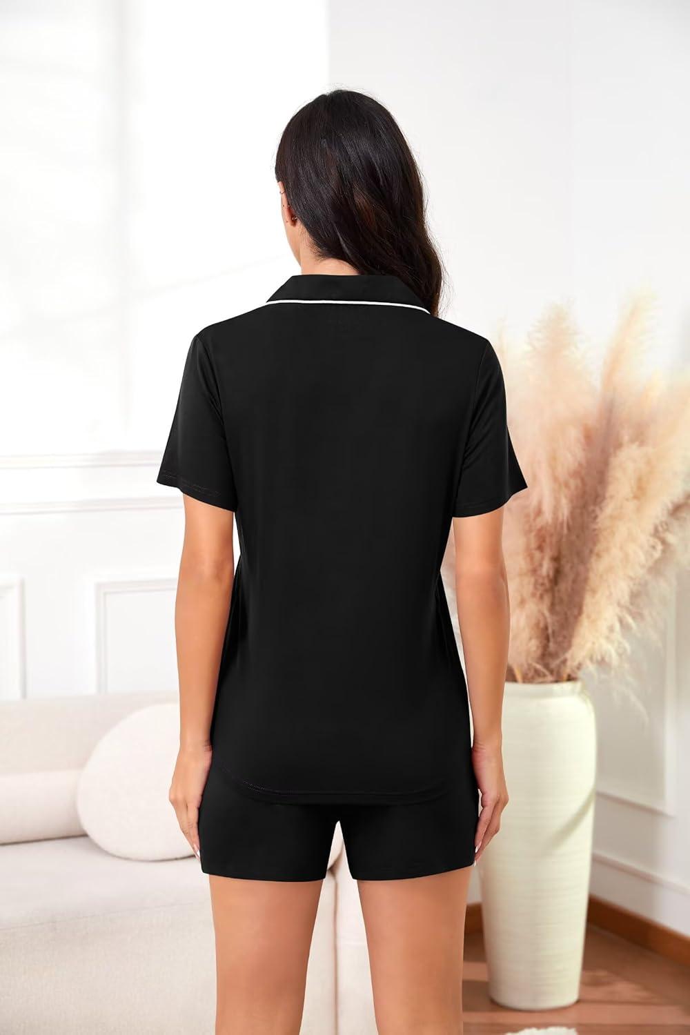 imageSWOMOG Womens Maternity Nursing Pajama Sets Breastfeeding Sleepwear Postpartum Lounge Sets Double Layer Short Sleeve PjsBlack