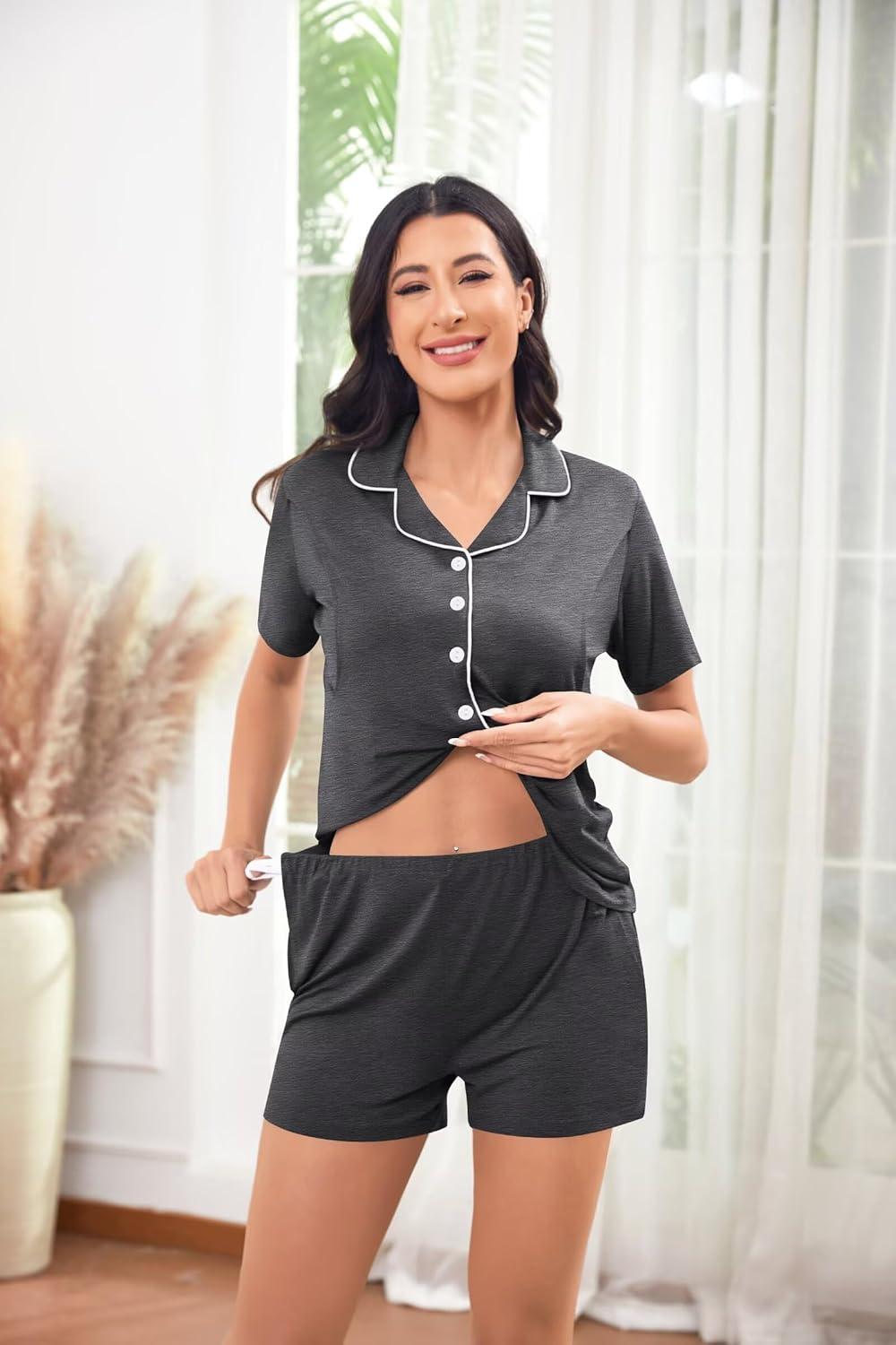 imageSWOMOG Womens Maternity Nursing Pajama Sets Breastfeeding Sleepwear Postpartum Lounge Sets Double Layer Short Sleeve PjsDeep Grey