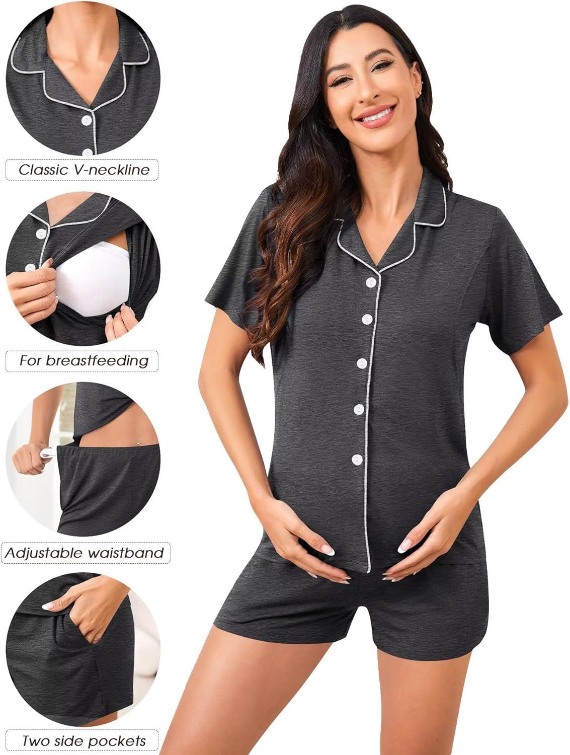 imageSWOMOG Womens Maternity Nursing Pajama Sets Breastfeeding Sleepwear Postpartum Lounge Sets Double Layer Short Sleeve PjsDeep Grey