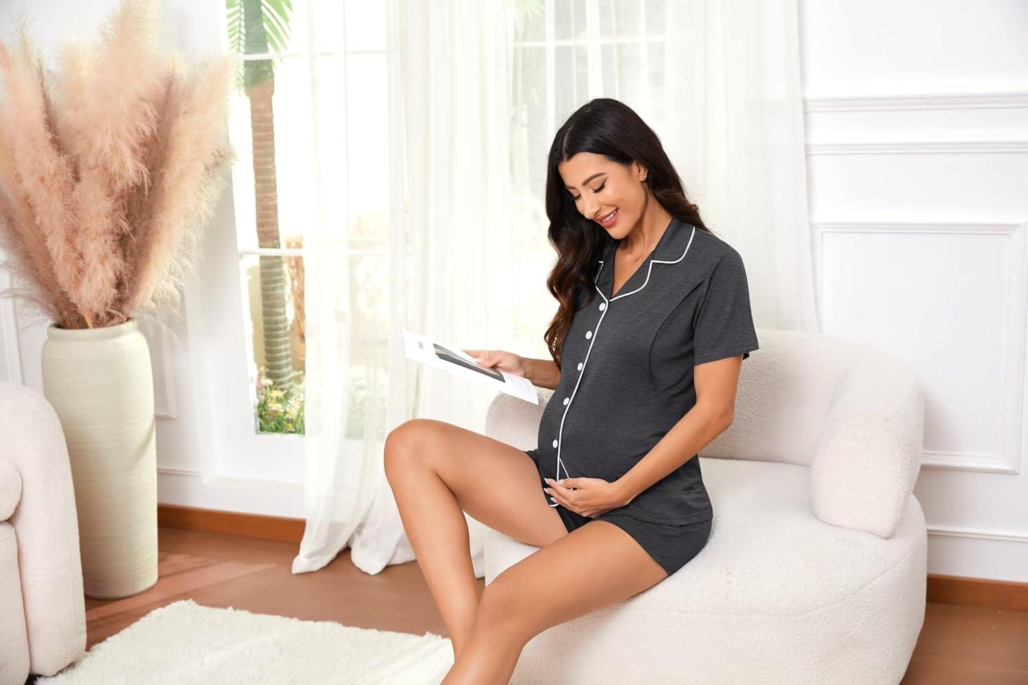 imageSWOMOG Womens Maternity Nursing Pajama Sets Breastfeeding Sleepwear Postpartum Lounge Sets Double Layer Short Sleeve PjsDeep Grey