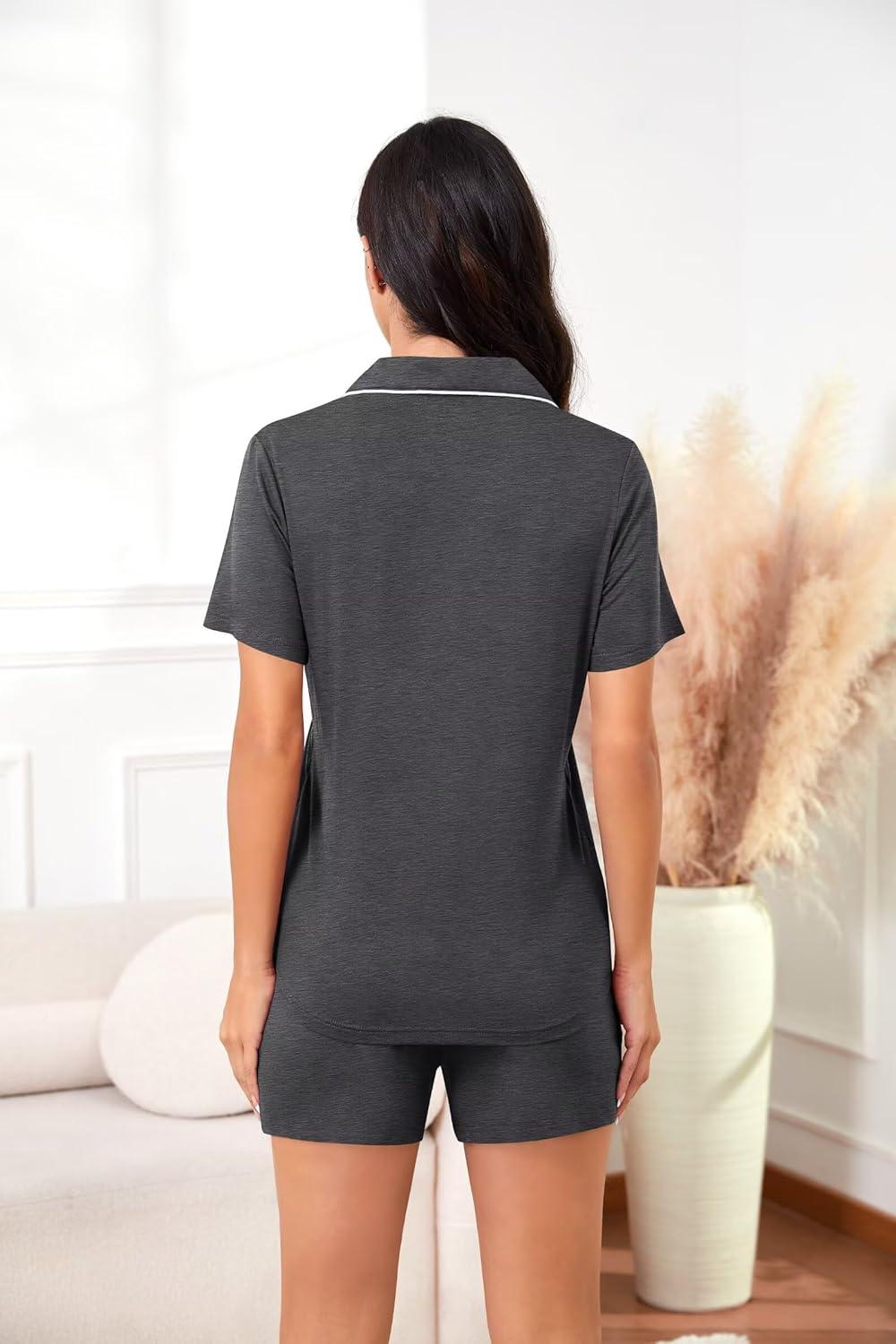imageSWOMOG Womens Maternity Nursing Pajama Sets Breastfeeding Sleepwear Postpartum Lounge Sets Double Layer Short Sleeve PjsDeep Grey