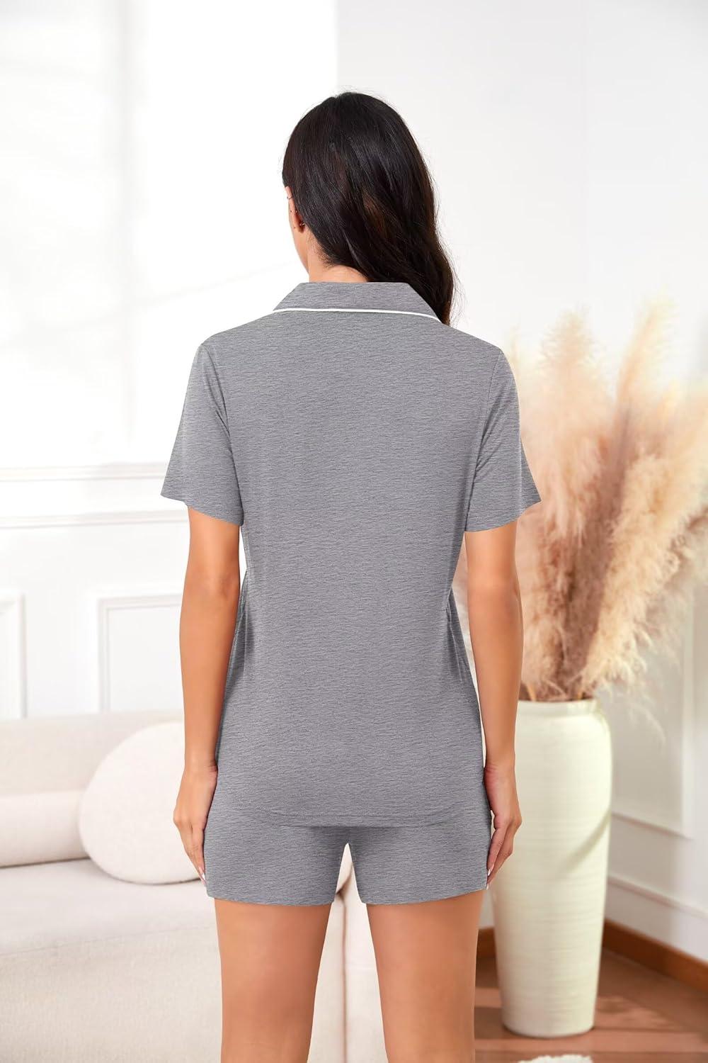 imageSWOMOG Womens Maternity Nursing Pajama Sets Breastfeeding Sleepwear Postpartum Lounge Sets Double Layer Short Sleeve PjsGrey