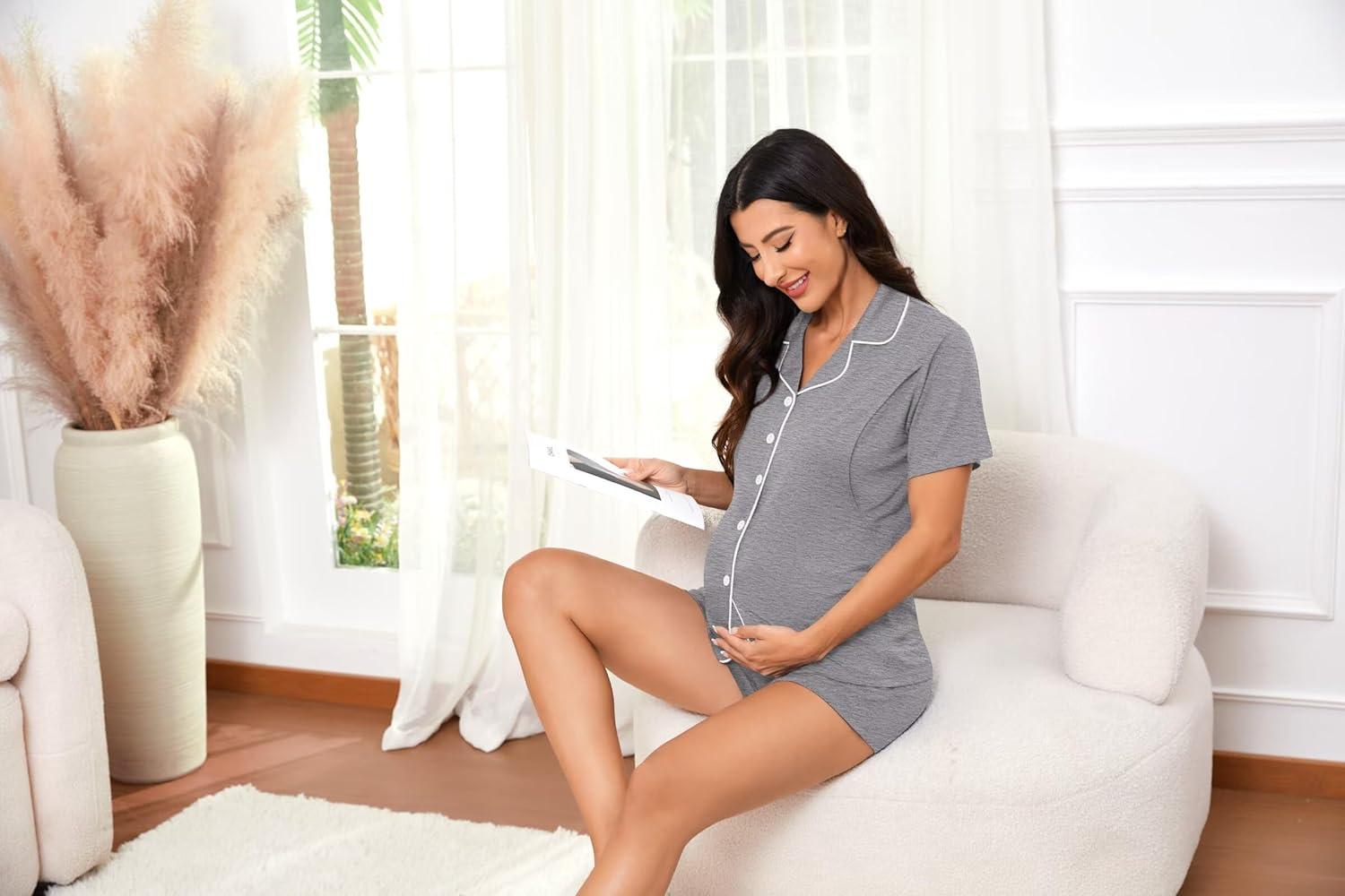 imageSWOMOG Womens Maternity Nursing Pajama Sets Breastfeeding Sleepwear Postpartum Lounge Sets Double Layer Short Sleeve PjsGrey